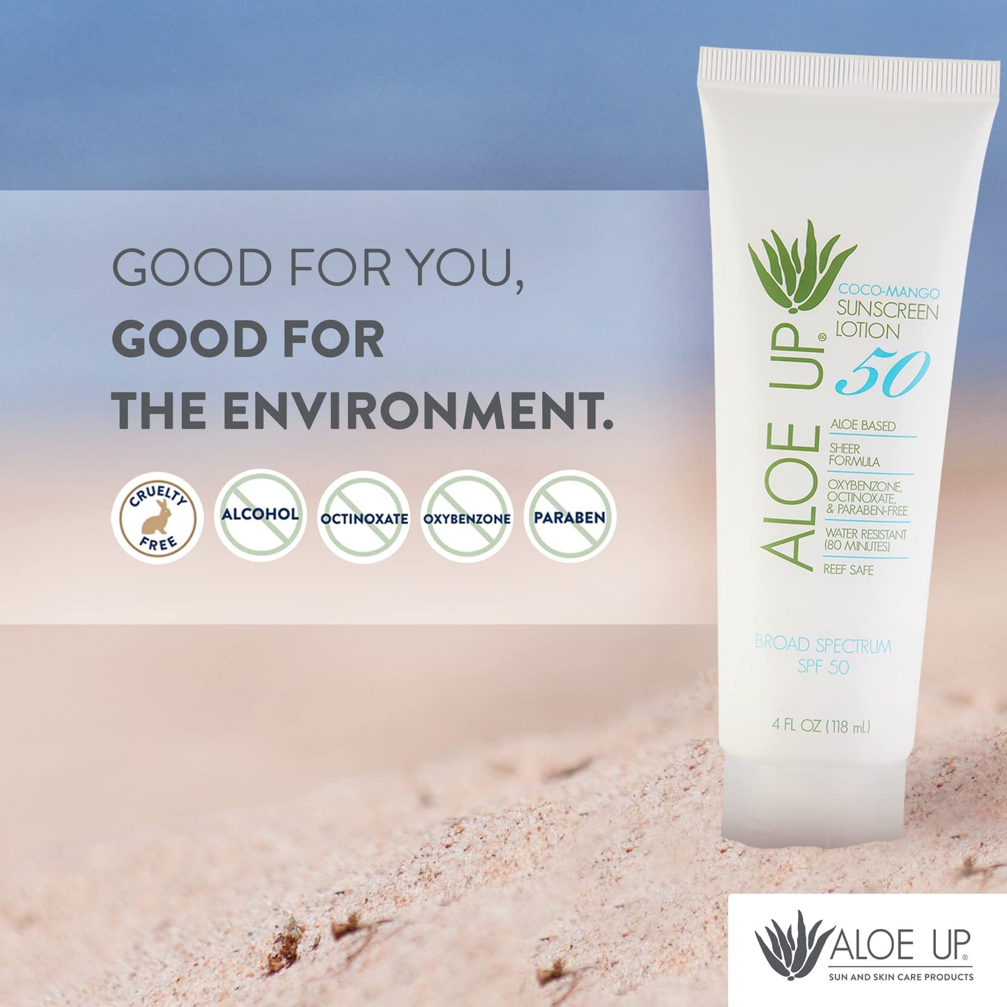 Aloe Up SPF 50 Sunscreen for Sensitive Skin – Broad Spectrum Face & Body Sunblock with Aloe Vera, Reef-Safe, Hydrating Coco-Mango, 4oz Beauty & Personal Care ALOE UP