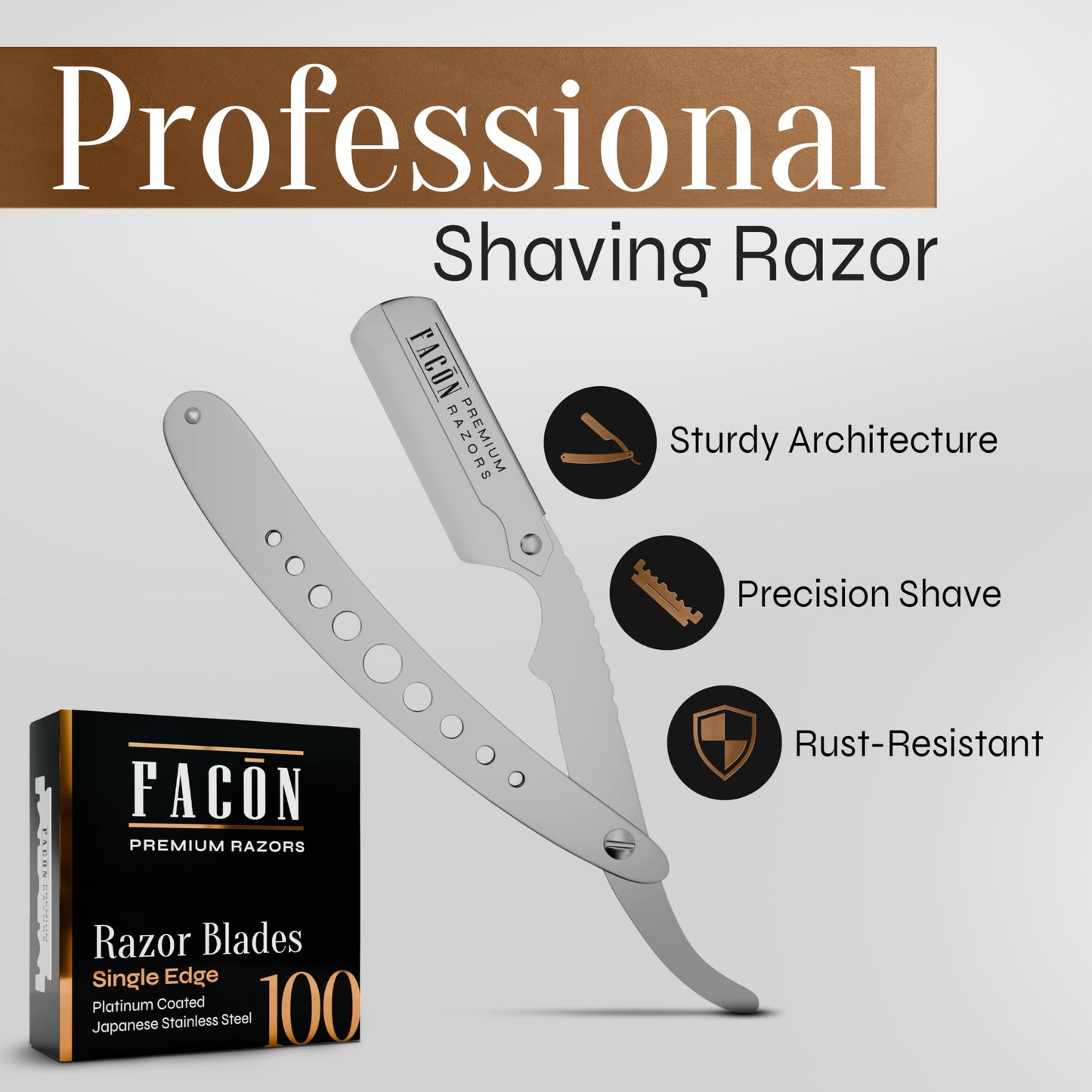 Facón Straight Razors for Men - Professional Barber Straight Edge Razor Kit with 100 Blades, Classic Stainless Steel Barbero Shaver for a Smooth Beauty and Personal Care FACON