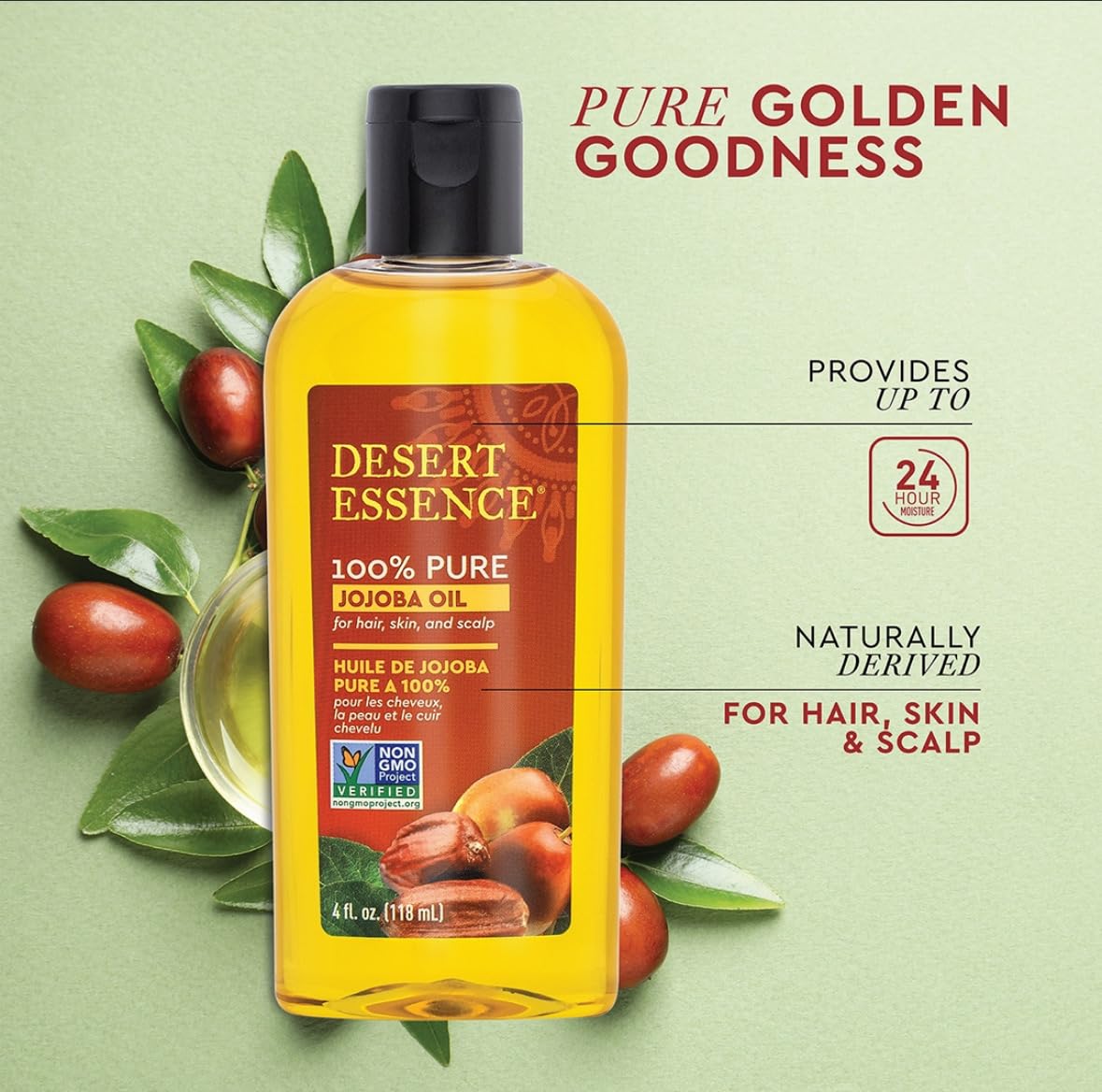 Desert Essence 100% Pure Jojoba Oil - 4 Fl Oz Moisturizer for Hair, Skin & Scalp | Makeup Remover & Aftershave Hydrator, Non-GMO, Vegan, Cold-Pressed Beauty & Personal Care Desert Essence