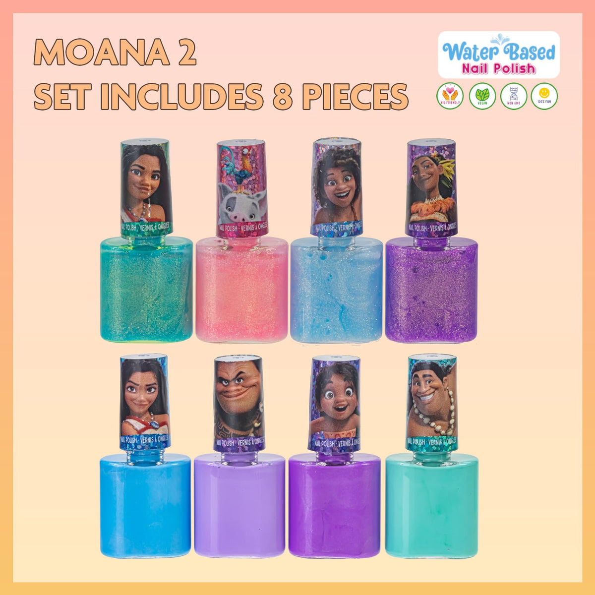 Townley Girl Moana 2 Non-Toxic Water-Based Peel Off Nail Polish Set with Glittery Shimmery and Opaque Colors for Girls Kids Ages 3+ Perfect