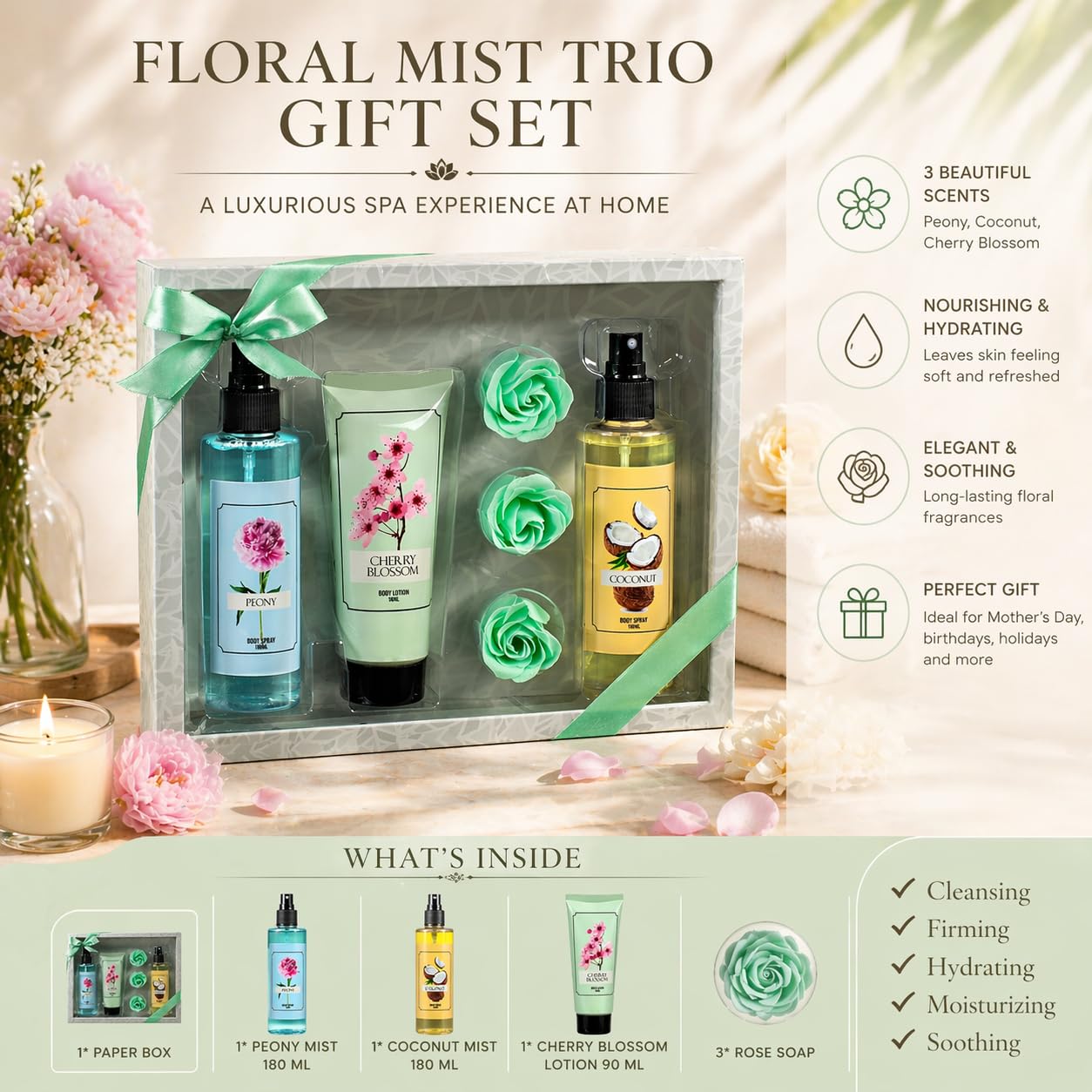 Floral Mist Trio Gift Set - Mother's Day Spa Gift Basket for Mom, Luxury Bath & Body Set, Peony, Coconut, Cherry Blossom Scented Self Care Kit Beauty and Personal Care Freida and Joe