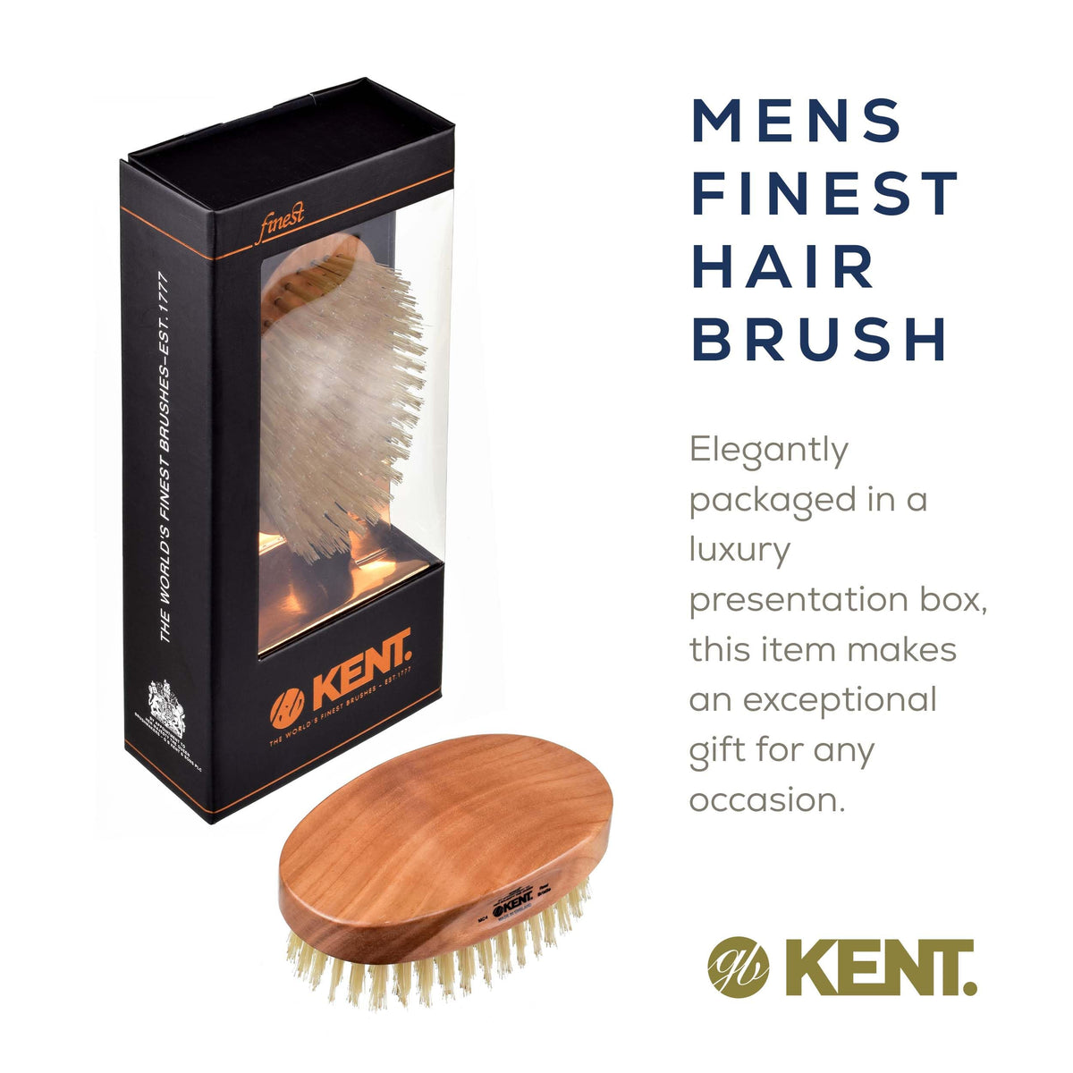 Kent MC4 Men's Hair and Beard Brush Kit: Exfoliating Natural Boar Bristle Hair Brush, Cherrywood Base with Firm Bristles for Coarse Hair Types - LPC3