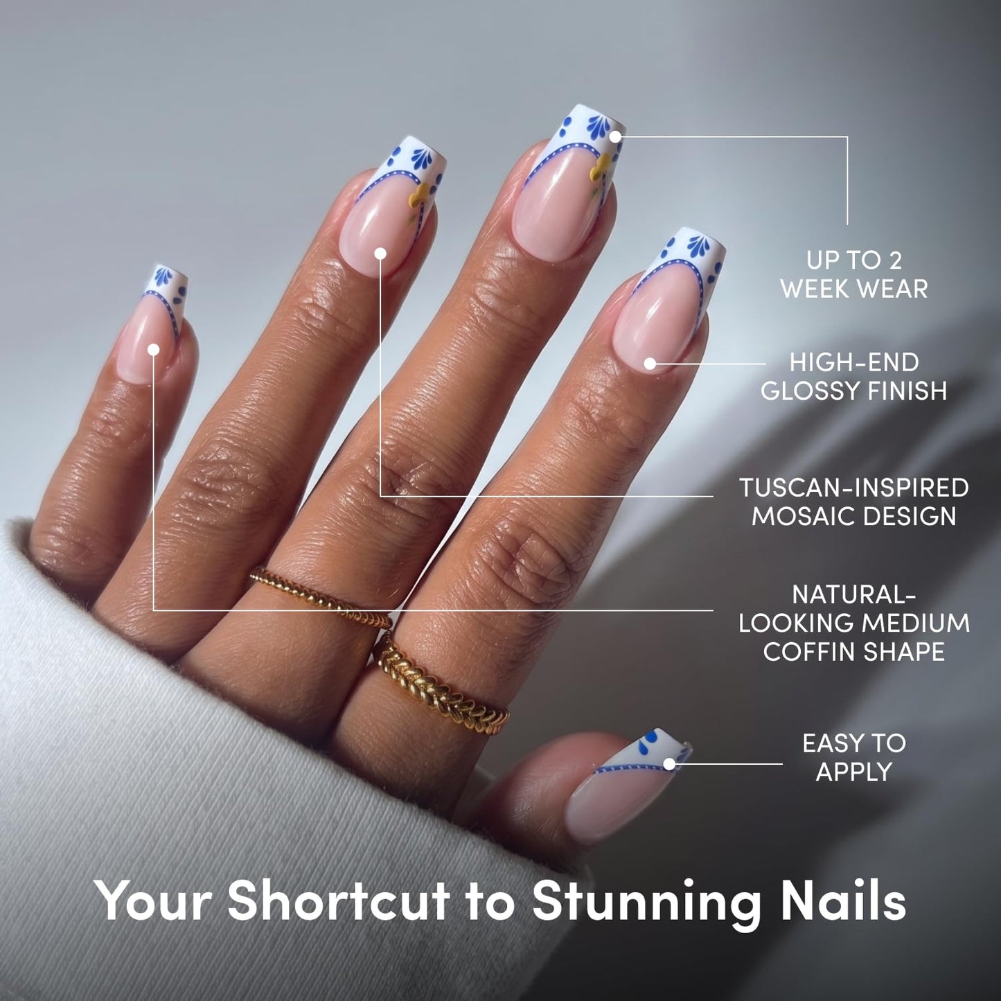 Glamnetic Press On Nails - Medium Coffin Fake Nails with Blue & White French Tips | Salon Quality Vacation Nails | Tuscan Twist | 15 Sizes - 30 Nail Beauty and Personal Care Glamnetic