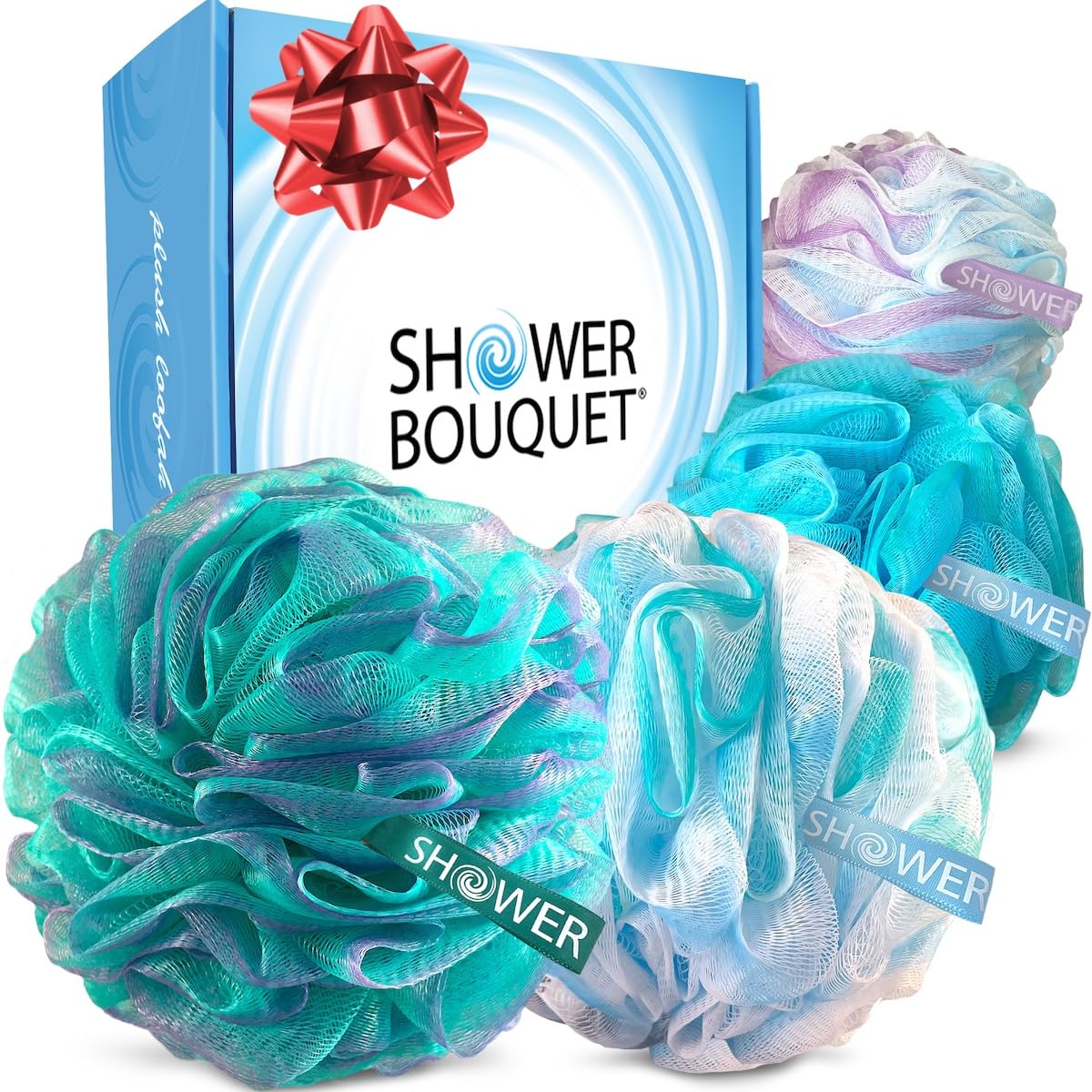 SHOWER BOUQUET Loofah-Bath-Sponge XL Swirl-Mix-Color 4-Pack // Extra-Large 75g Mesh Luffa Loofa Loufa Puff Pouf Set/Exfoliating Body Scrubber Beauty & Personal Care Shower Bouquet