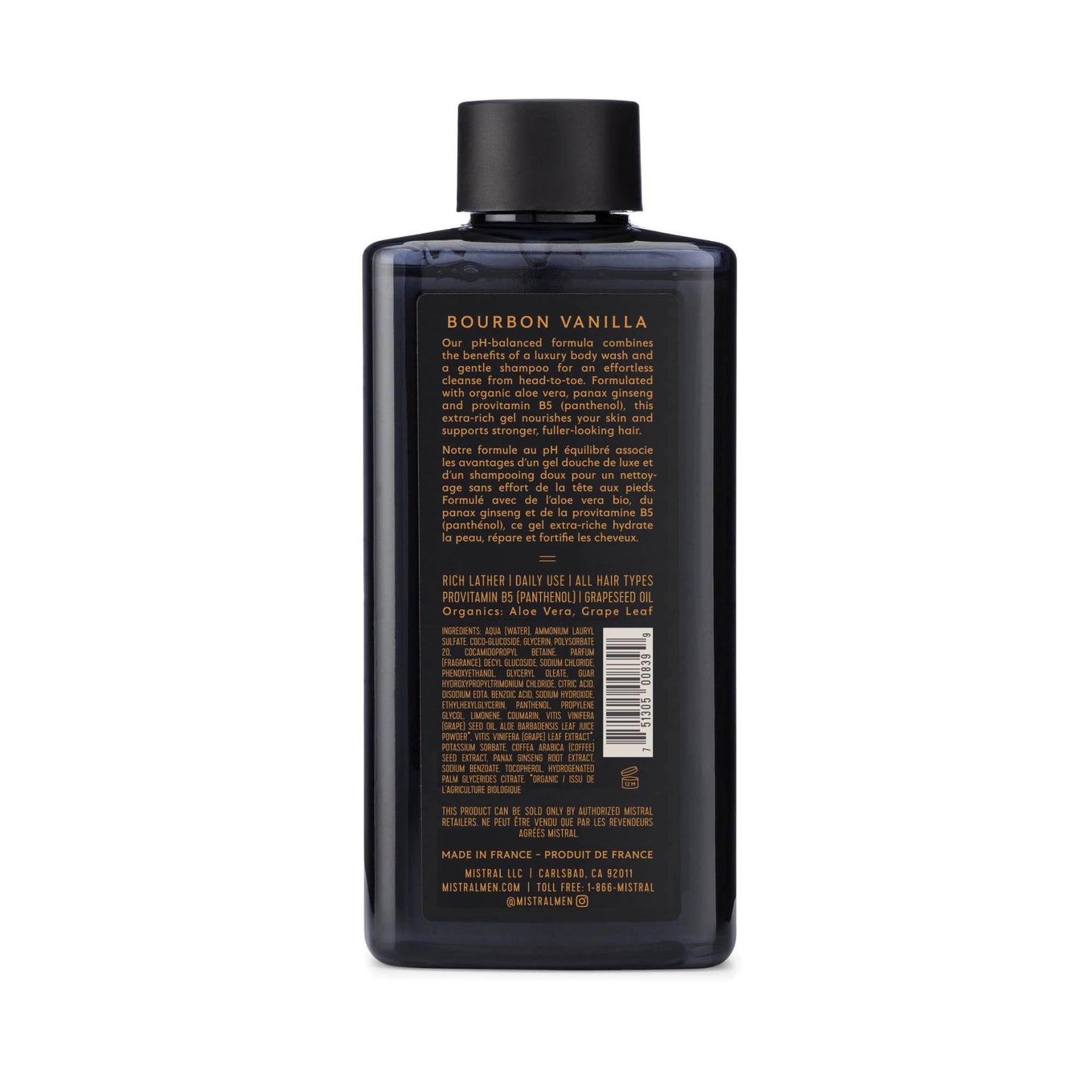 Mistral Men's Body Wash & Shampoo, Bourbon Vanilla 13.5 oz | 2-in-1 Natural Shower Gel for Men | SLS, Paraben & Phthalate Free | Natural Men’s Body Beauty & Personal Care Mistral