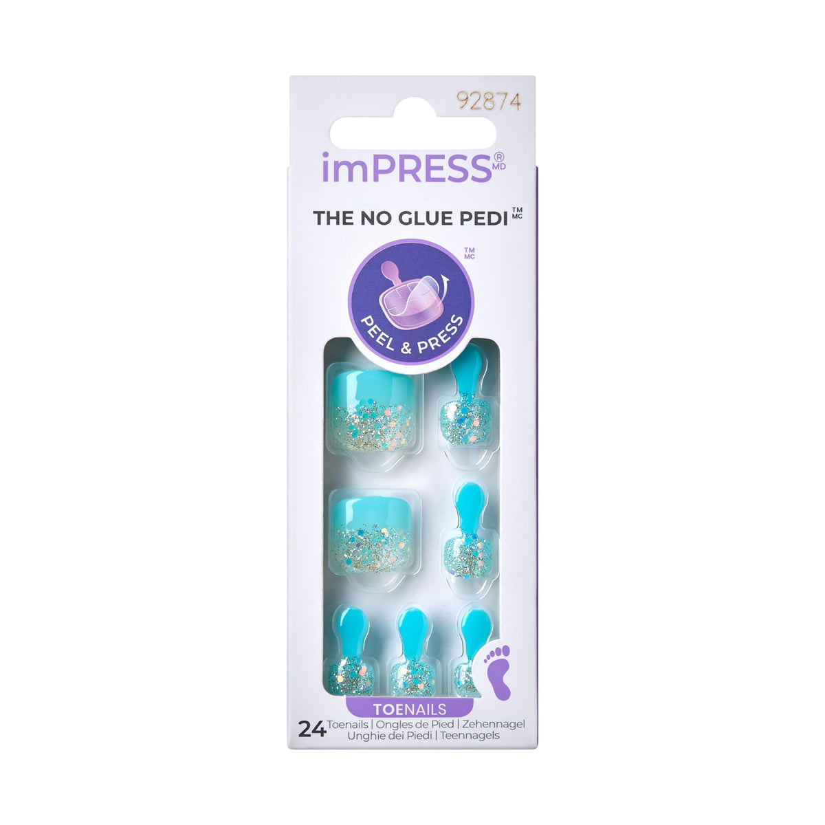 KISS imPRESS No Glue Pedi Press-On Nails, Design, 'Last Flowers', Medium Blue, Short Size, Squoval Shape, Includes 24 Nails, Prep Pad, Instructions