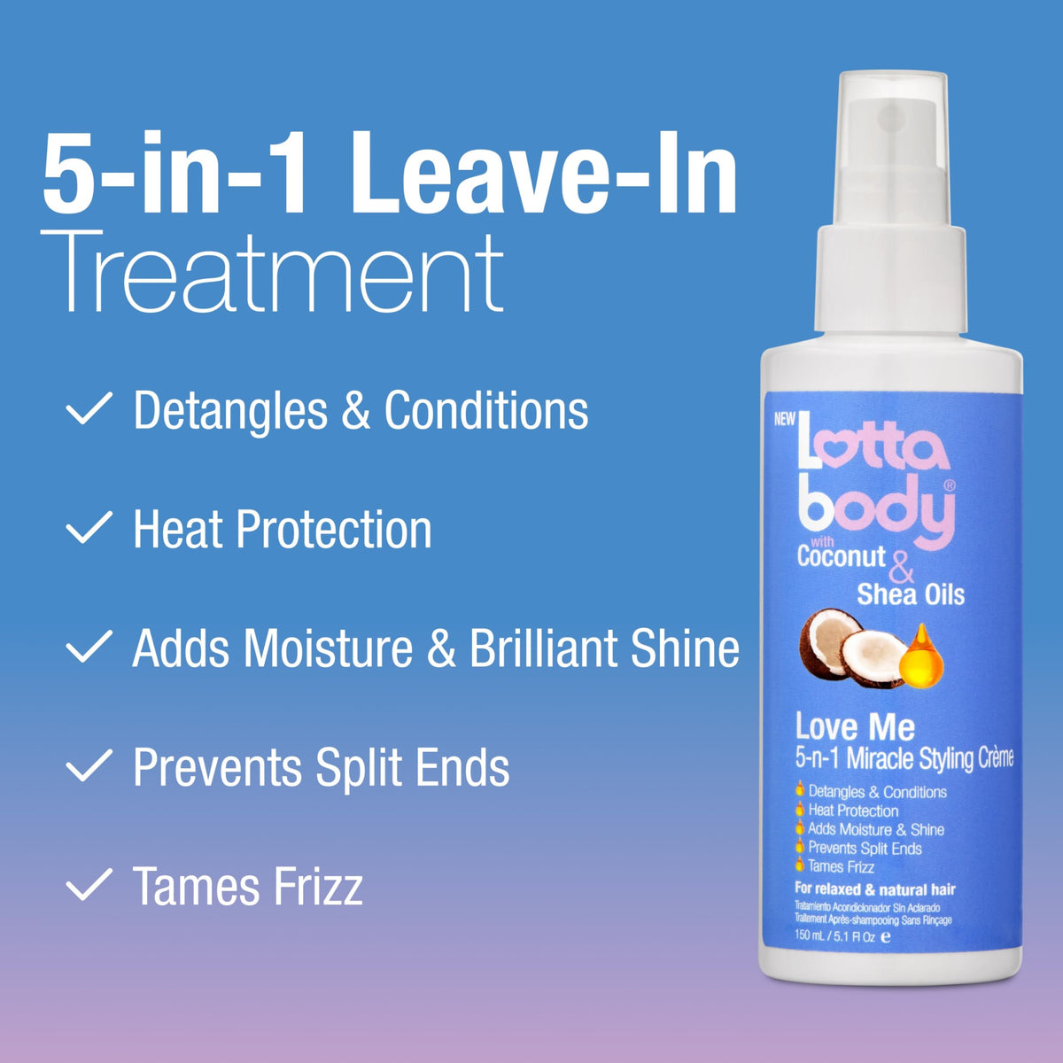 Lottabody Love Me 5-n-1 Leave-In Treatment with Coconut & Shea Oils, Lightweight, All-In-One, Leave-In Spray for Detangling Heat Protection Moisture Beauty & Personal Care Lottabody