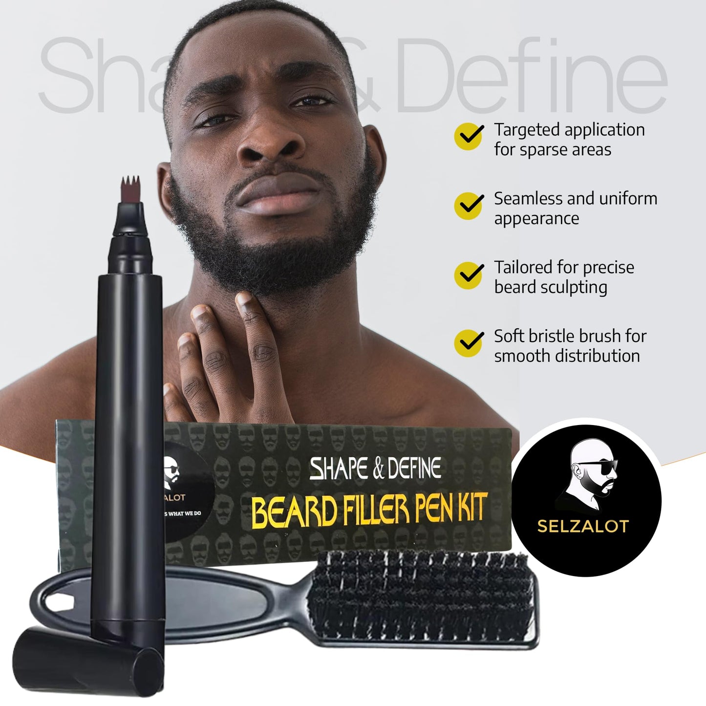 SELZALOT Beard Filler Pen (4-Tip) - Dark Brown Beard Pencil Filler for Men Waterproof Patchy Beard Solution - Beard Filler Kit Long Lasting Beard Beauty and Personal Care SELZALOT