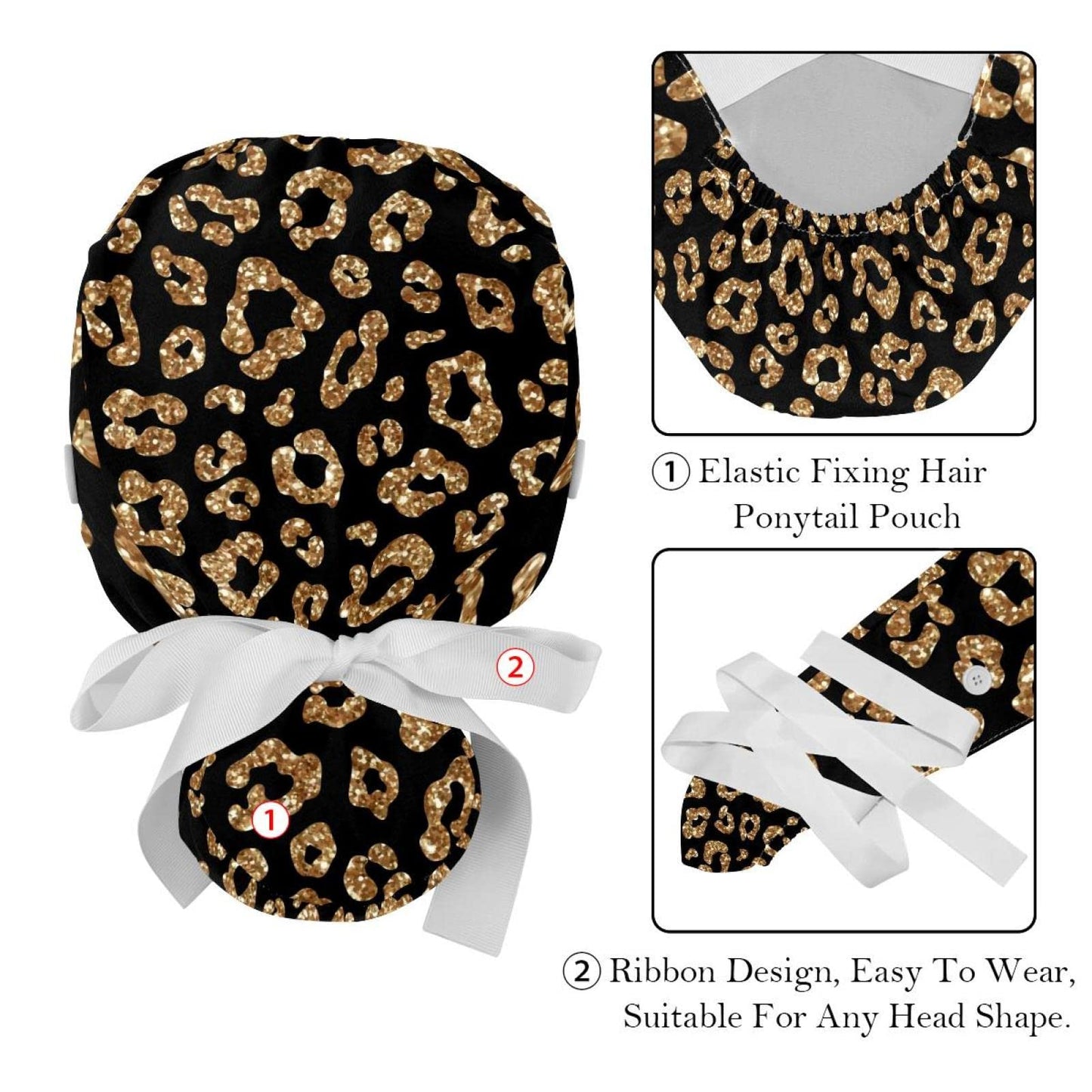 Anna Cowper 2 PCS Bouffant Cap with Button Ponytail Pouch Working Cap Sweatband Adjustable Surgical Cap Gold Glitter Leopard Beauty and Personal Care Anna Cowper