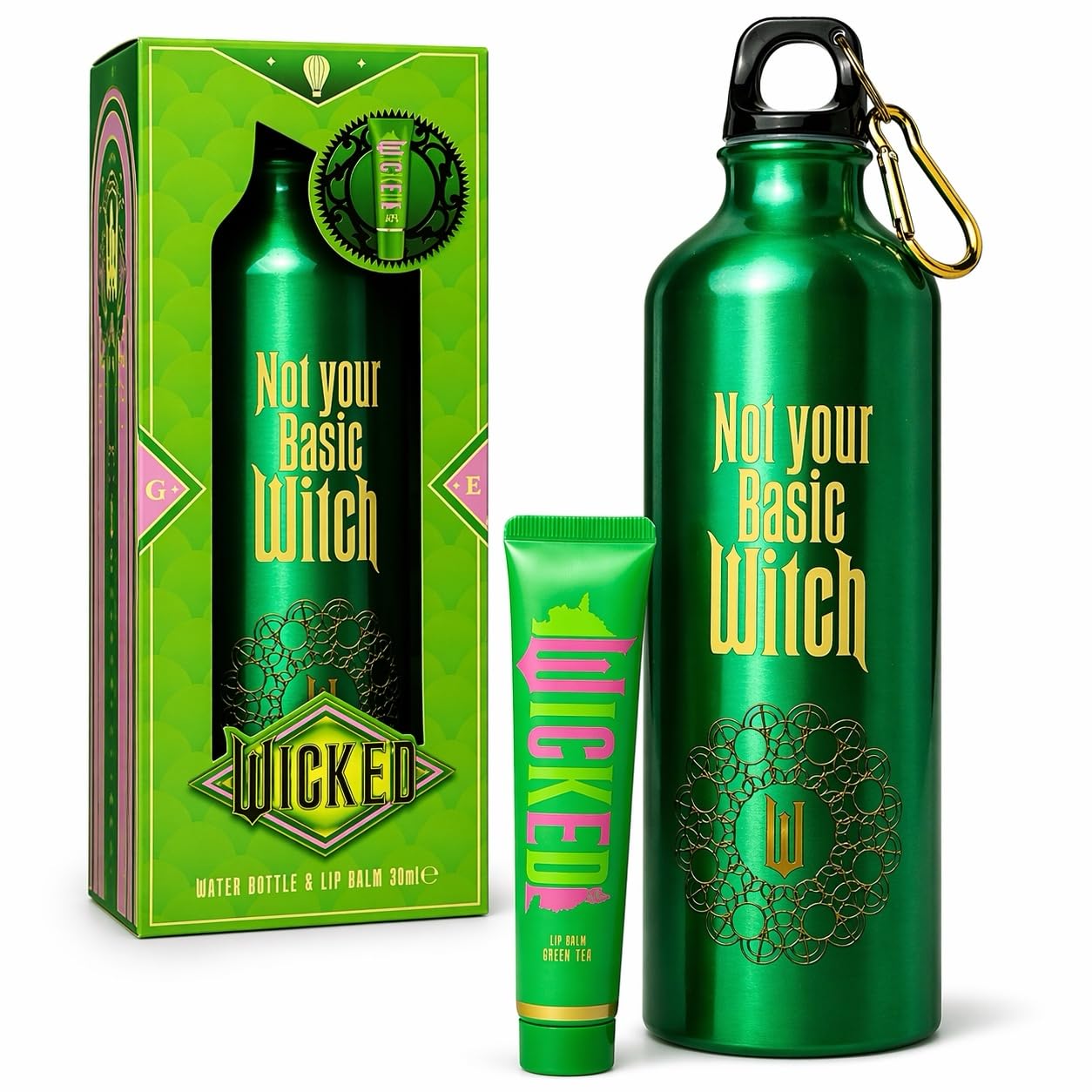 Wicked “Not Your Basic Witch” Gift Set - Green Metal 750ml Water Bottle with Carabiner Clip & Green Tea Lip Balm - Fun Witchy Accessories & Self-Care Beauty and Personal Care Corsair Toiletries