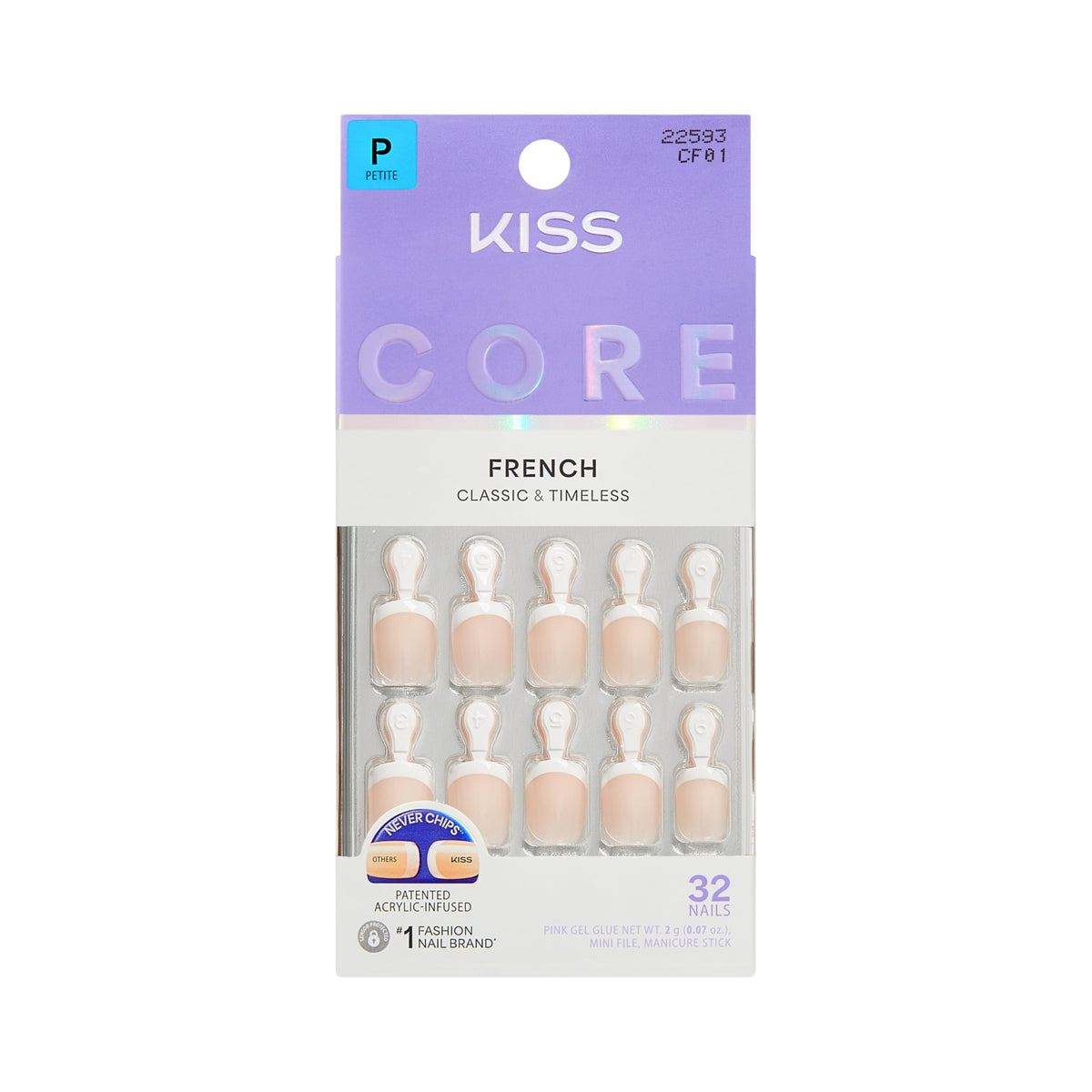 Kiss Core, Press On Nails, Nail glue included, 'Perfection', White, Petite Size, Squoval Shape, Includes 32 Nails, 2g Glue, 1 Manicure Stick, 1 Mini
