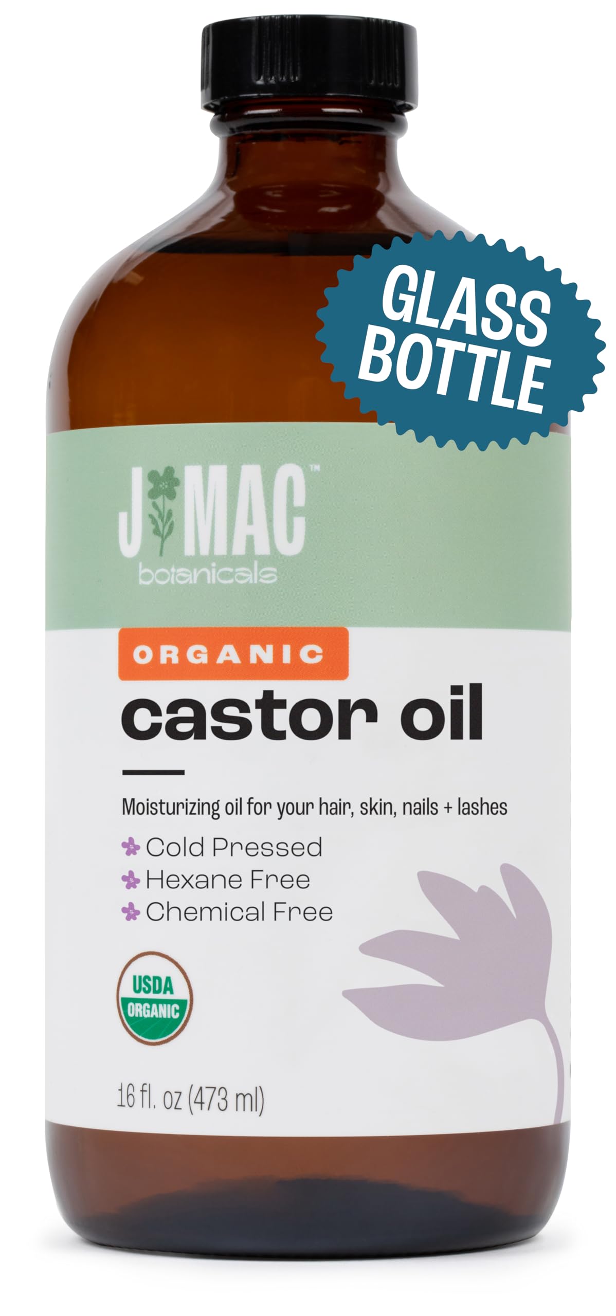 J MAC BOTANICALS, Organic Castor Oil Cold Pressed (Glass Bottle, 16 oz) pure unrefined, hexane free for face, skin, eyelashes, pack wraps, pads Beauty & Personal Care J MAC BOTANICALS