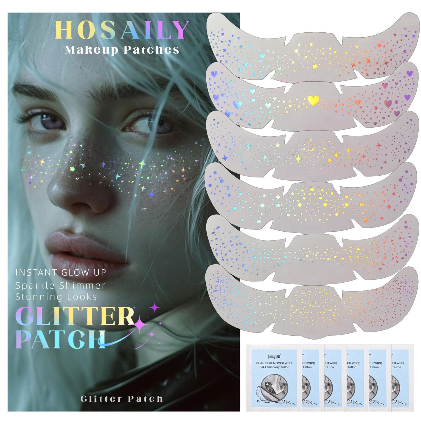 HOSAILY 6 pcs Holographic Glitter Freckles Face Tattoo, Waterproof Sparkle Body Glitter Speckles Patches for Women, Cute Star Glitter Stickers Beauty and Personal Care HOSAILY
