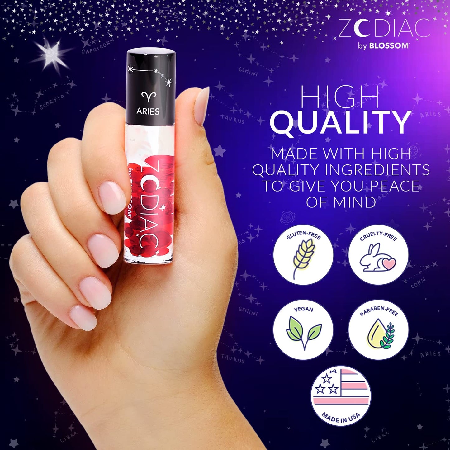 Blossom Lip Gloss Zodiac Sign Vanilla Scented Roll-On Lip Gloss, Moisturizing + Hydrating with Zodiac Crystals, Made in USA, 0.20oz, Aries Beauty & Personal Care Blossom