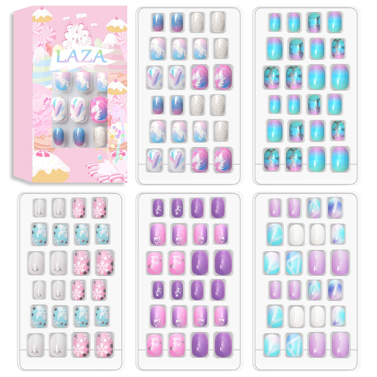 Laza 120pcs Children Nails Press On Pre-glue Full Cover Nail Tips Kit Glitter Gradient Color Rainbow Short Artificial False Nail Kits Lovely Christmas Beauty & Personal Care Laza