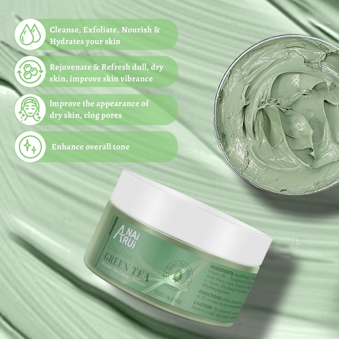 ANAI RUI Green Tea Mask, Clay Mask for Poreless Deep Cleanse, Green Tea Face Mask Blackhead Remover with Kaolin, Aloe, Collagen, Pore Minimizer Beauty & Personal Care ANAI RUI