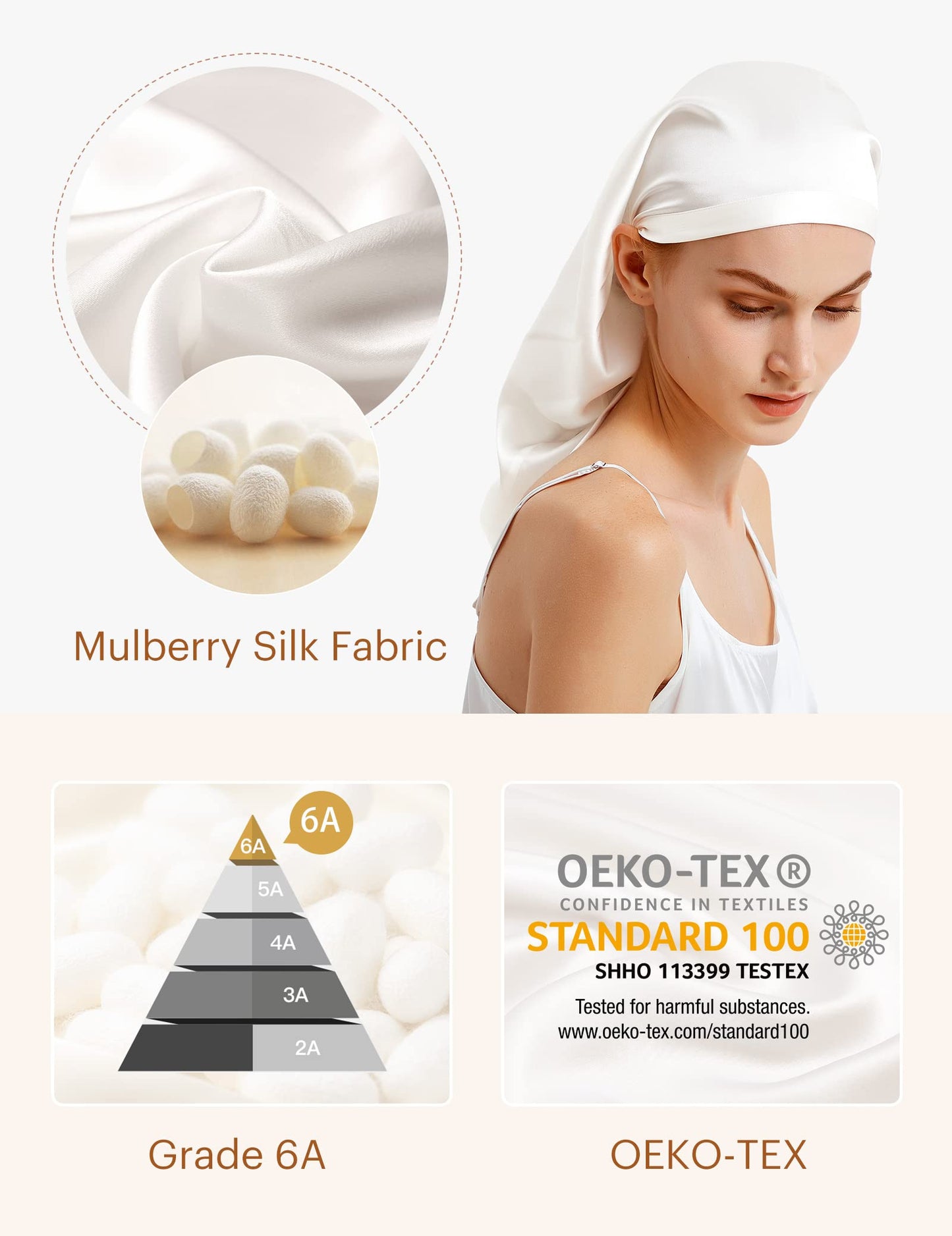 LILYSILK 100% Silk Bonnet Mulberry 19 Momme Silk Sleep Cap Long for Curly Hair Night Cap for Sleeping, Silk Hair Wrap for Women Ivory Beauty and Personal Care LilySilk