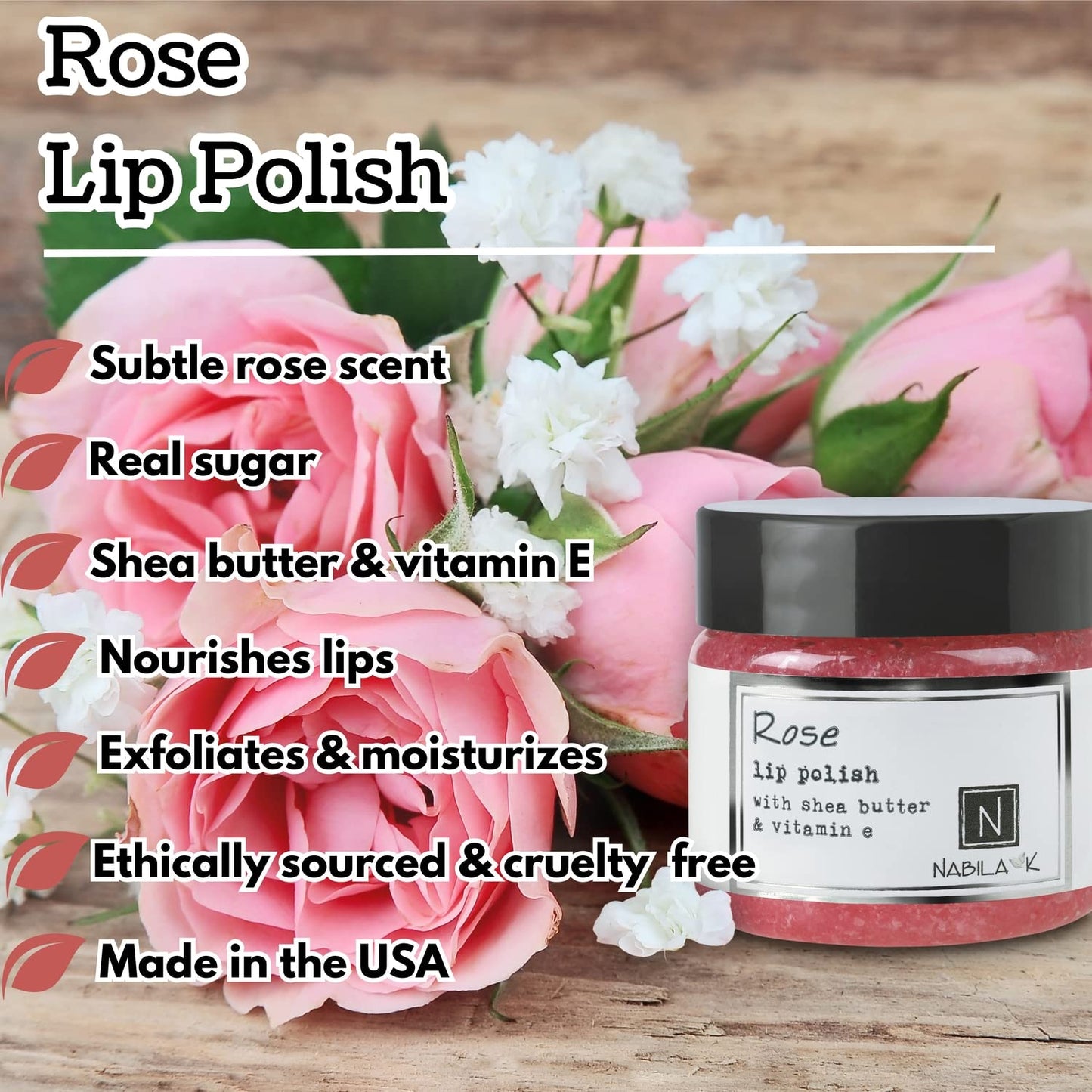 Nabila K Rose Lip Polish for Women & Men - Natural Sugar Exfoliator with Organic Rose Extract, Honey & Vitamin E, Hydrating, Cruelty-Free, Made in USA Beauty and Personal Care Nabila K