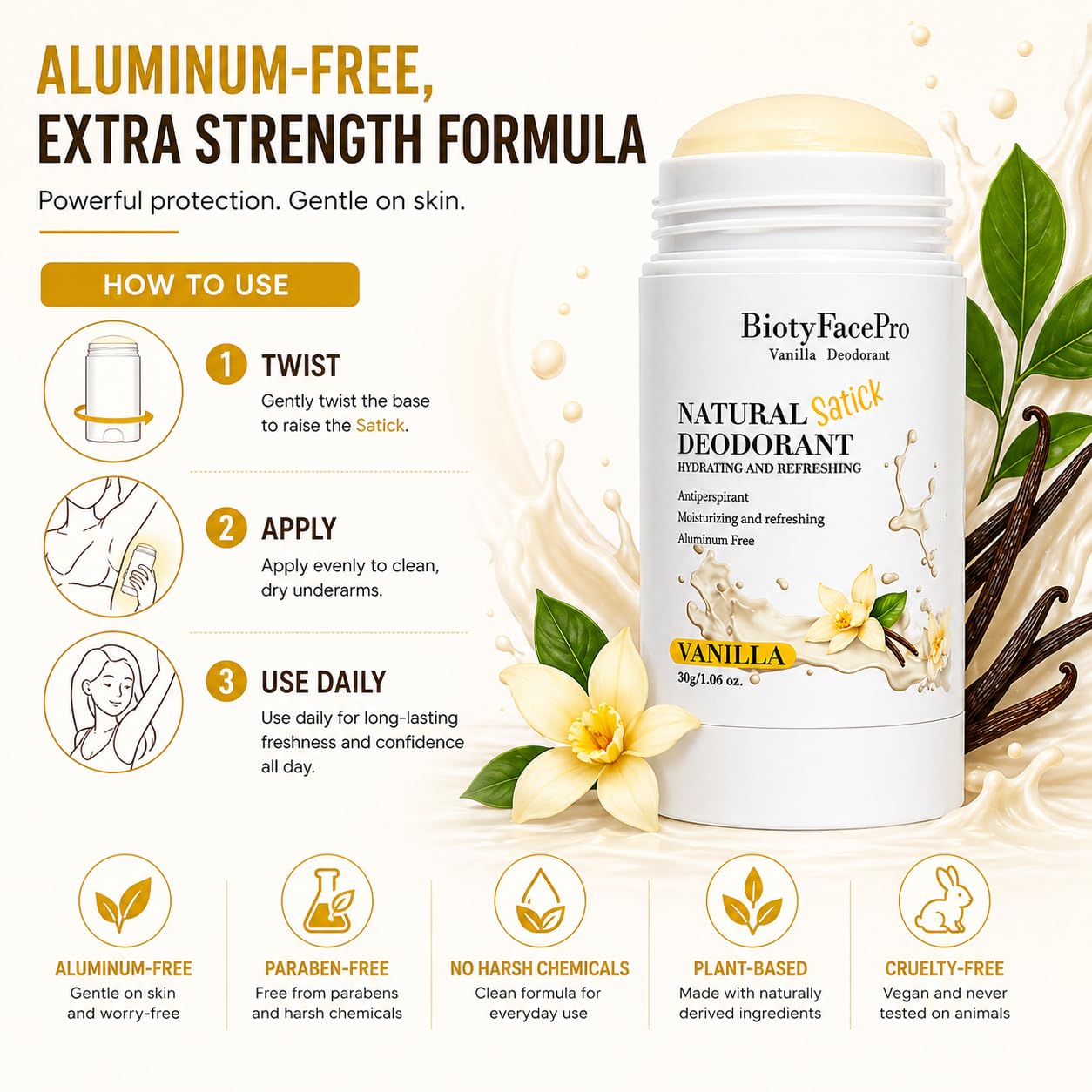 BiotyFacePro Natural Deodorant Stick - Aluminum-Free, Moisturizing & Refreshing, Long-Lasting Odor Protection, (Vanilla) Beauty and Personal Care BIOTYFACEPRO SKINCARE