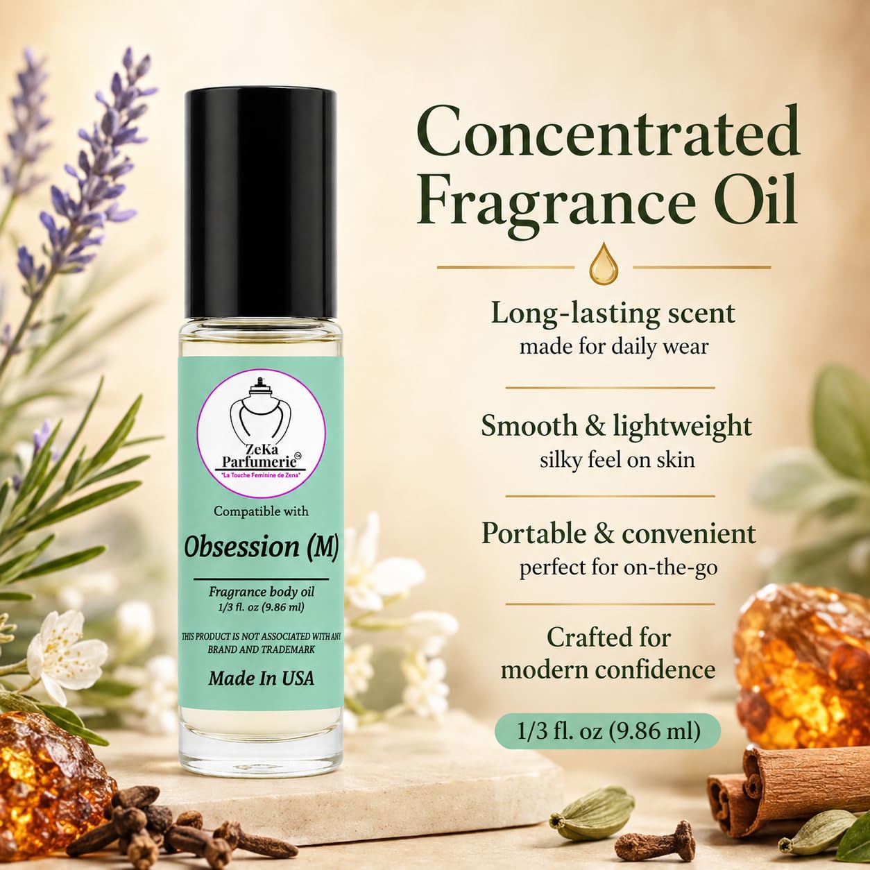 ZEKA PARFUMERIE Ombre Nomade Perfume Oil | Long-Lasting Unisex Fragrance Body Oil | Alcohol-Free Roll-On | 1/3 Fl Oz (9.86 mL) Made in USA Beauty & Personal Care ZEKA PARFUMERIE