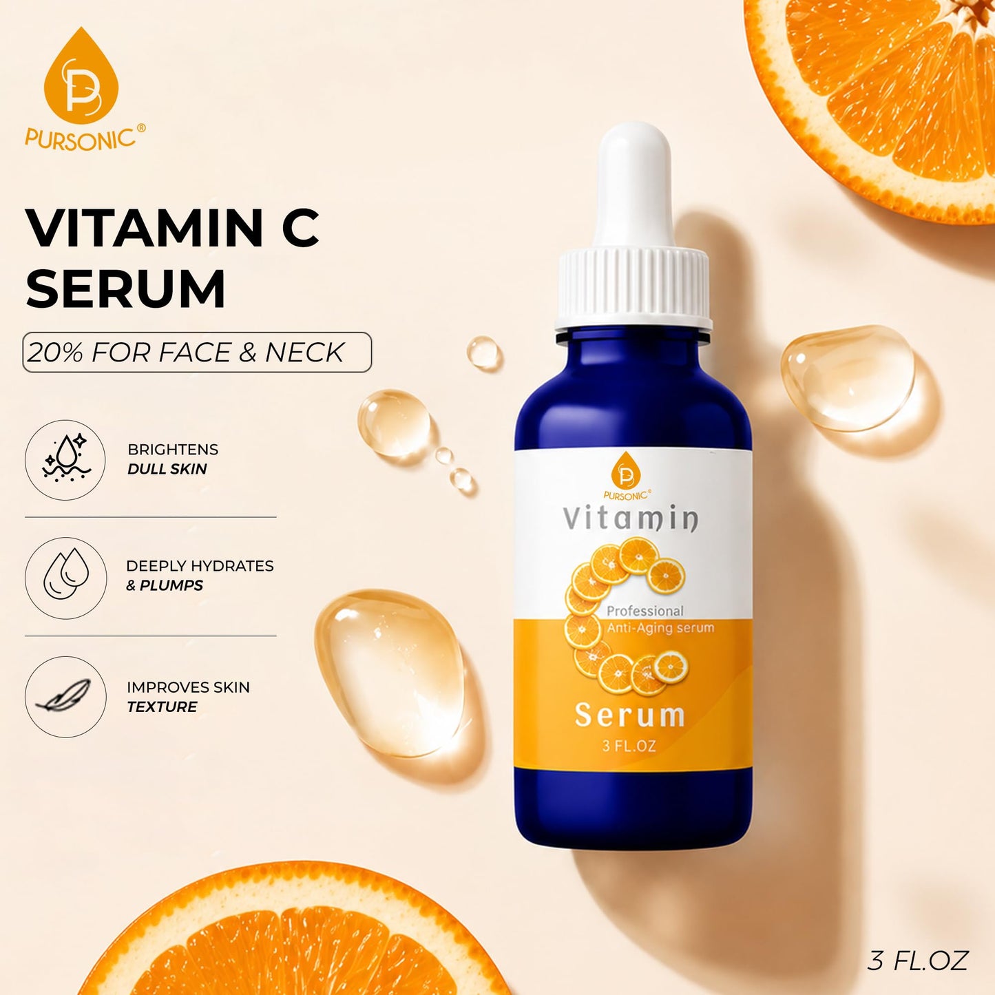 Pursonic Vitamin C Serum, 20% is a high potency Best Organic Anti-Aging Moisturizer Serum for Face, Neck & Décollete and Eye Treatment (3 fl. oz) Beauty & Personal Care Pursonic