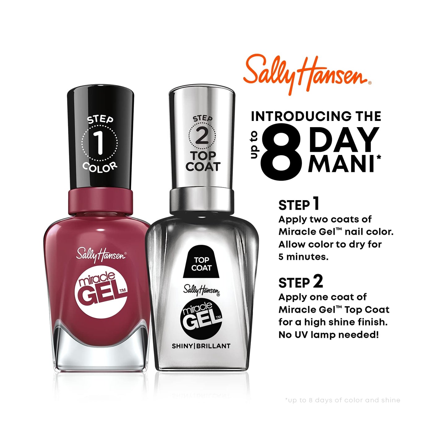 Sally Hansen Miracle Gel™, Bordeaux Glow and Shiny Top Coat Duo, Long Lasting, Gel-Like Formula, No UV Lamp Needed, Nail Polish Duo Beauty & Personal Care Sally Hansen