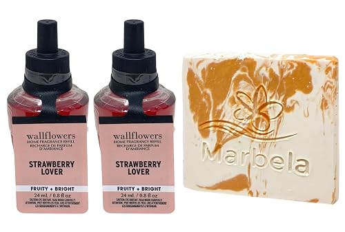 Bath & Body Works Strawberry Lover 2 Wallflowers Home Fragrance Refill Bulbs with a Peach Gardenia Sample Soap Beauty & Personal Care Bath & Body Works