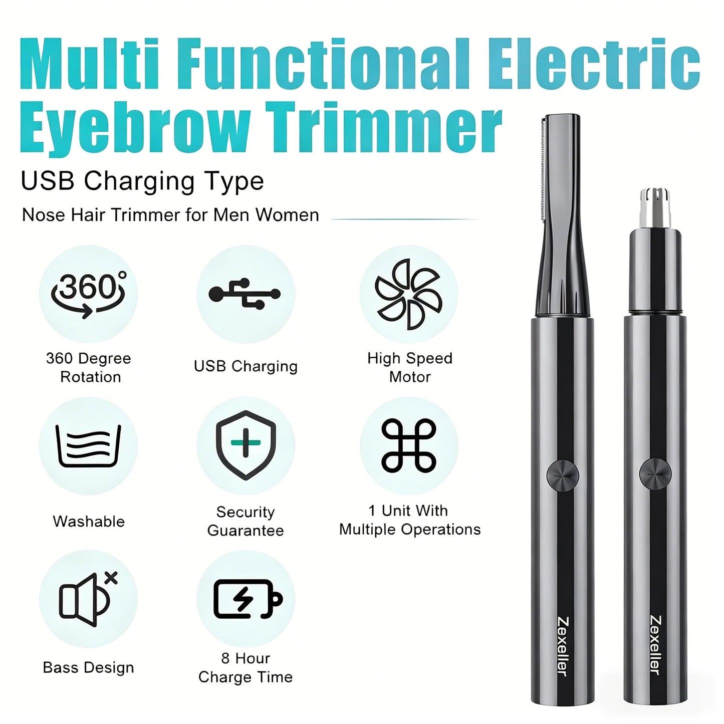ZEXELLER Electric Nose Hair Trimmer Eyebrow Trimmer for Men Women, 7-in-1 Painless Facial Grooming Kit, USB Rechargeable IPX7 Waterproof Precision Beauty and Personal Care ZEXELLER