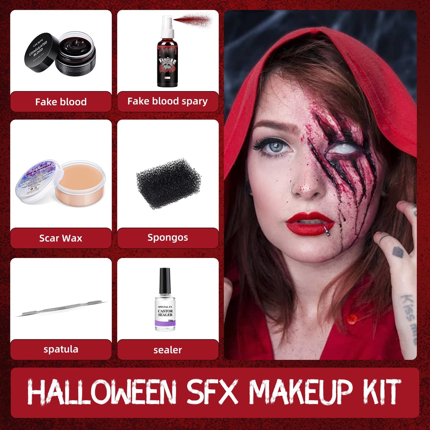SFX Makeup Kit Scars Wax, Fake Blood Spray, Professional Scar Wax&Blood Effects Set with Coagulated Blood Gel&Spray, Metal Spatula, Sealer & Black Beauty & Personal Care VPCRT6