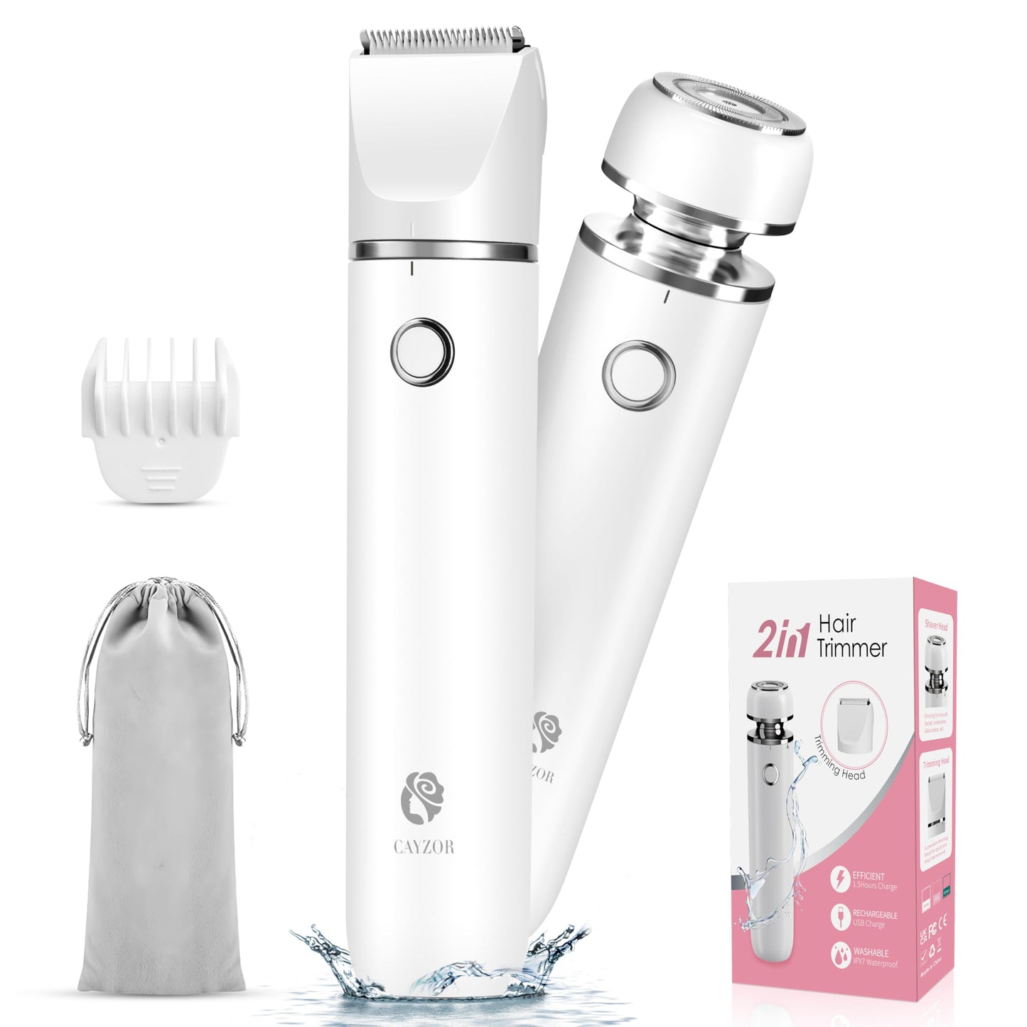 Cayzor Bikini Trimmer and Shaver Kit for Women - 2-in-1 Wet/Dry Electric Body Hair Trimmer Facial Hair Removal Cordless Waterproof Bikini Shaver Razor Beauty and Personal Care Cayzor