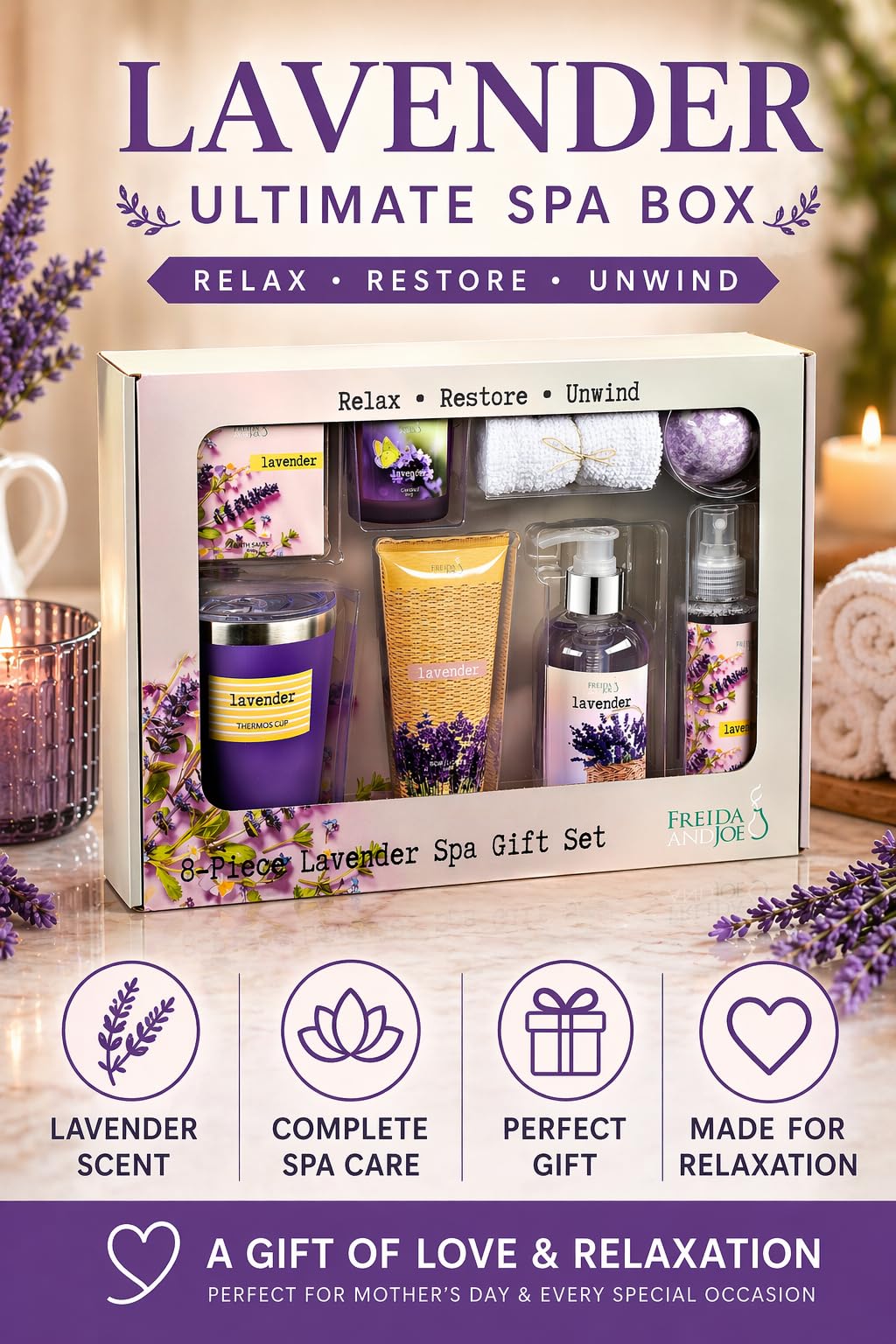 Lavender Ultimate Spa Box - Mother's Day Spa Gift Basket for Mom, Luxury Bath & Body Set, Lavender Scented Self Care Kit Beauty and Personal Care Freida and Joe