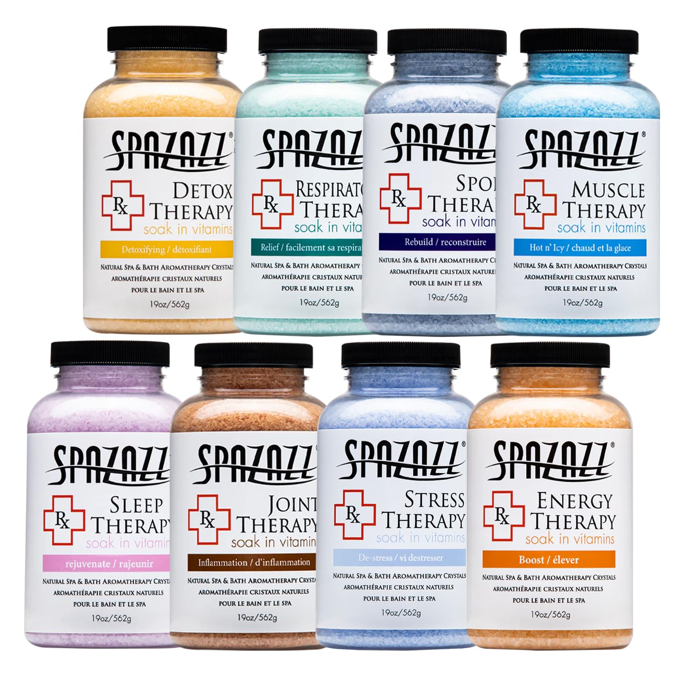 Spazazz RX Therapy Hot Tub Spa and Bath Aromatherapy Salt Crystals - 8 Pack Sample Bundle Includes Muscle - Joint - Detox - Stress - Respiratory Beauty and Personal Care Spazazz