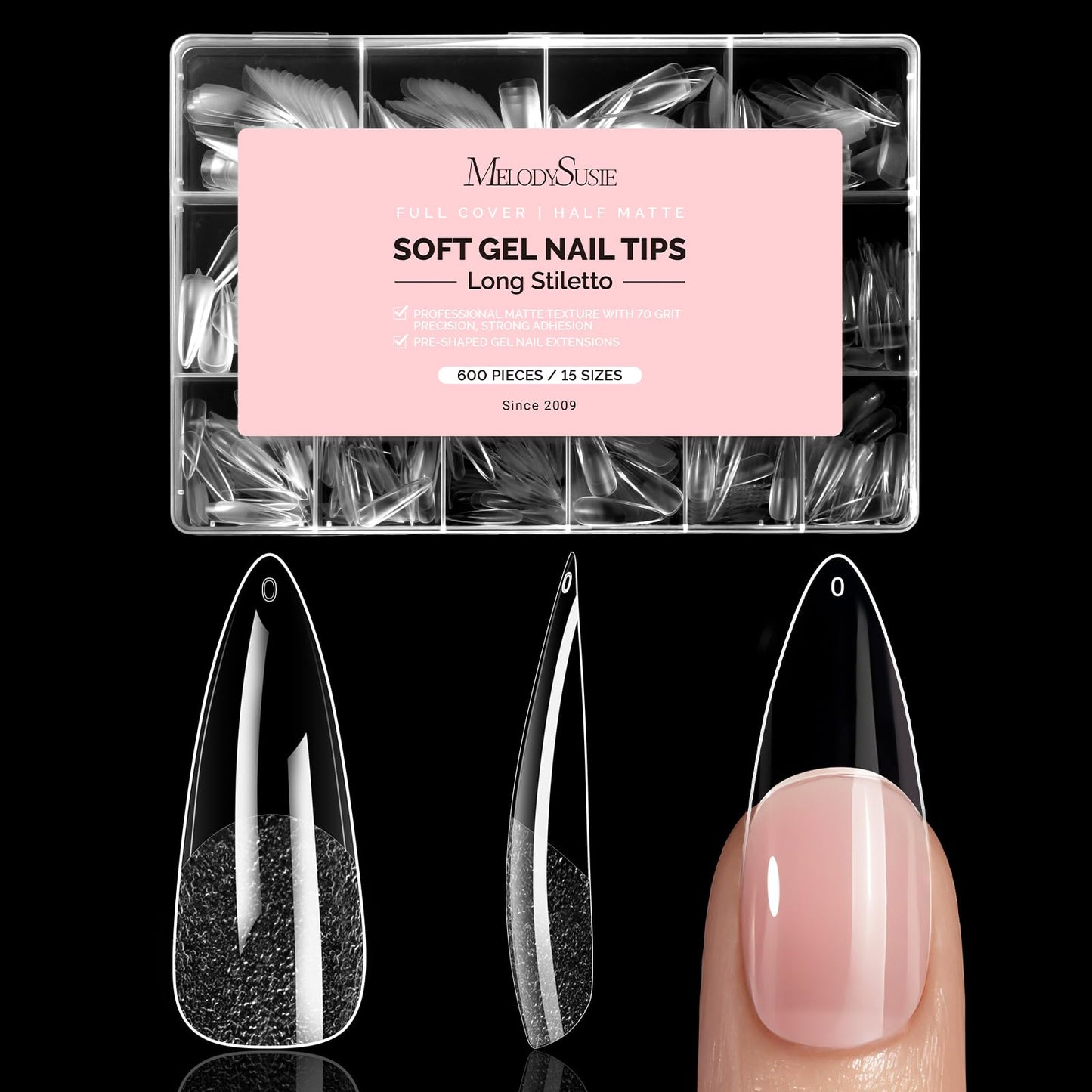 MelodySusie Long Almond Stiletto X Nail Tips - 600Pcs 15 Sizes Clear Acrylic, Half Matte Full Cover Press on Nails for DIY Extension & Salon Use Beauty and Personal Care MelodySusie Default Title