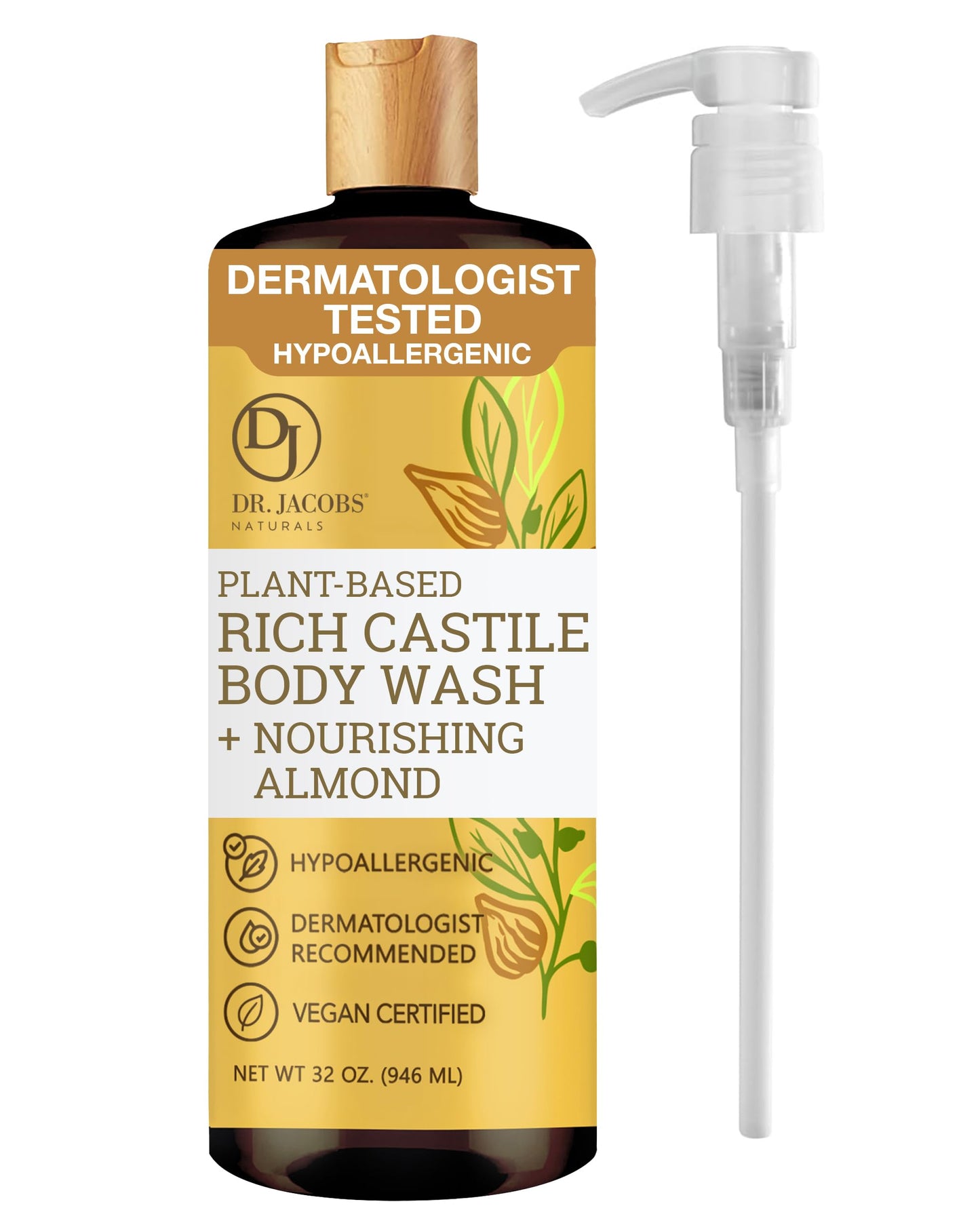 Dr. Jacobs Naturals Castile Almond All-Natural Body Wash for Moisturizing Dry and Sensitive Skin with Plant-Based Ingredients with Pump - 32 Ounce Beauty & Personal Care DR.JACOBS NATURALS