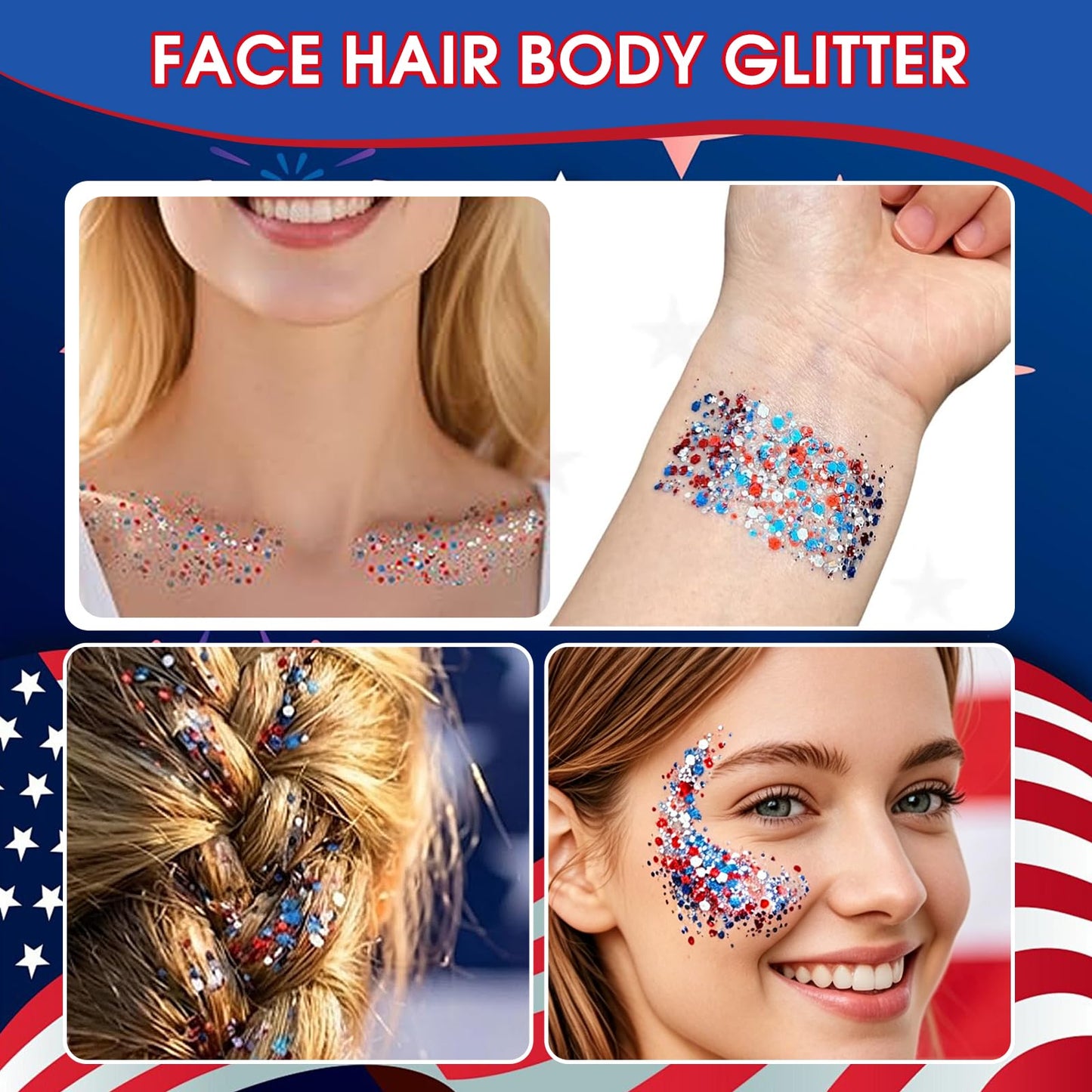 4th of July Glitter Stick, Body Glitter Stick,Mardi Gras Accessories,Sparkling Face Hair Glitter,Mermaid Sequins Chunky Glitter Face Paint,Singer Beauty & Personal Care MINXUEYEN