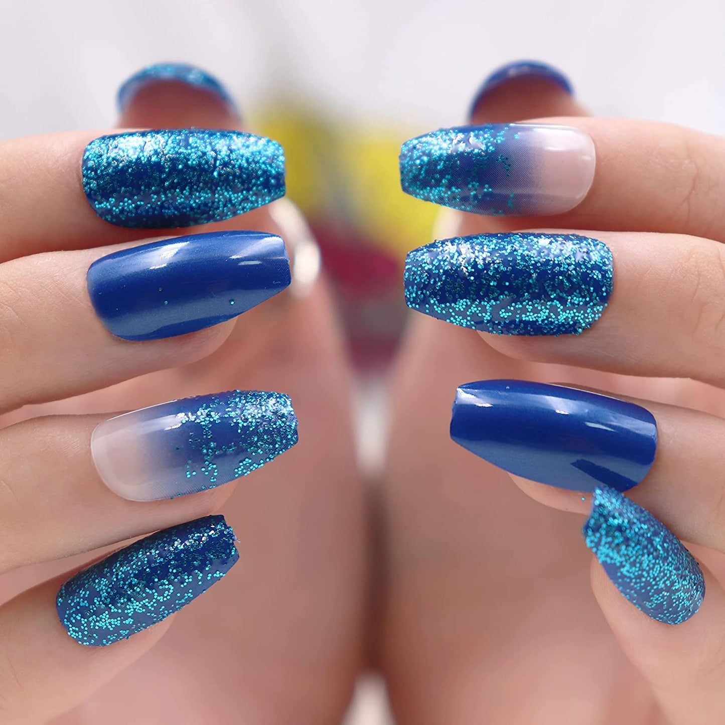 MISUD Press on Nails - Medium Coffin Glue on Nails with Blue Ombre, Acrylic Bling Glitter Design 24 pcs Beauty & Personal Care MISUD