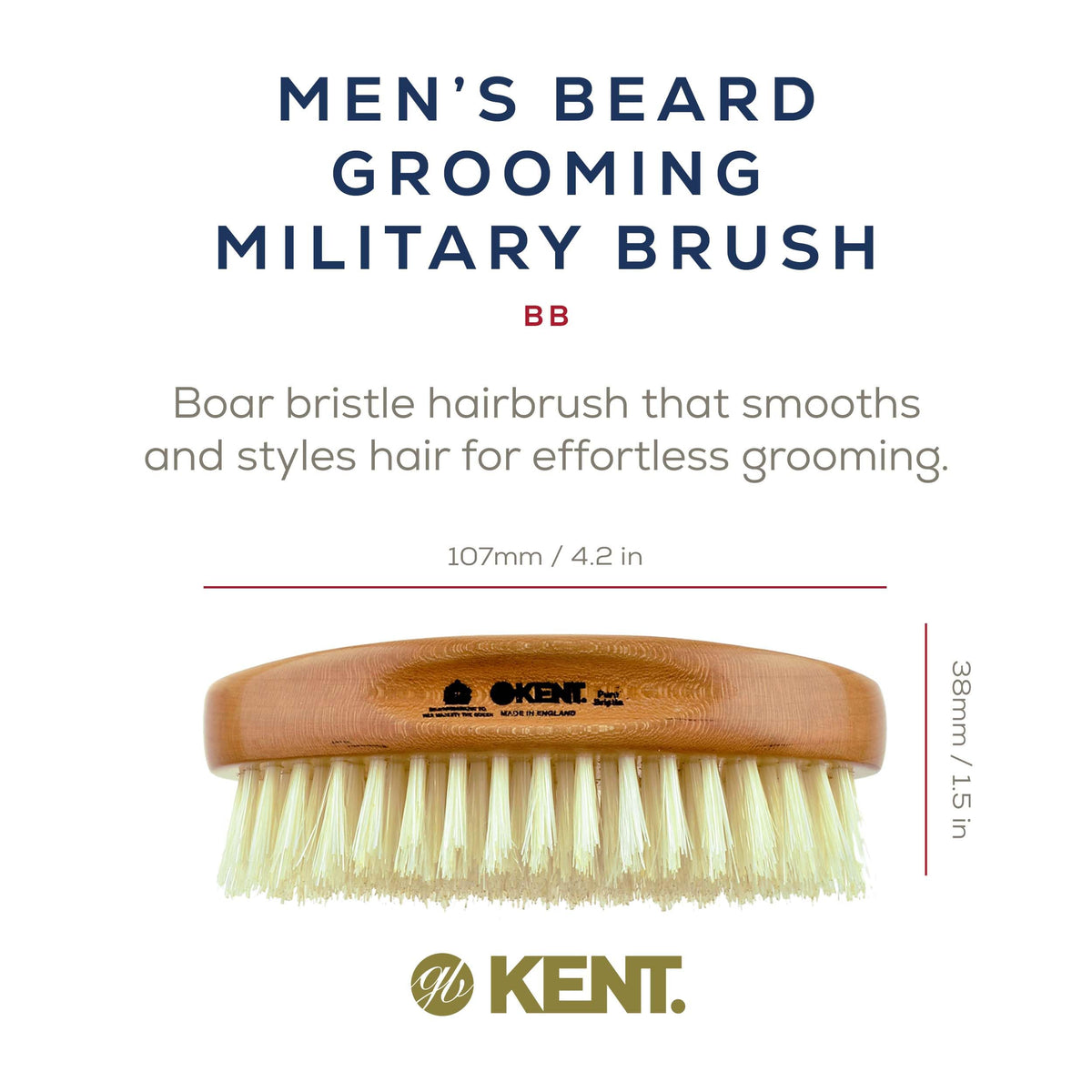 Kent BB Military Wave Hair Brush - 100% Natural Boar Bristle, Scalp Brush for Men's Grooming, Thinning Hair, Mustache and Beard Brush for Men Made in