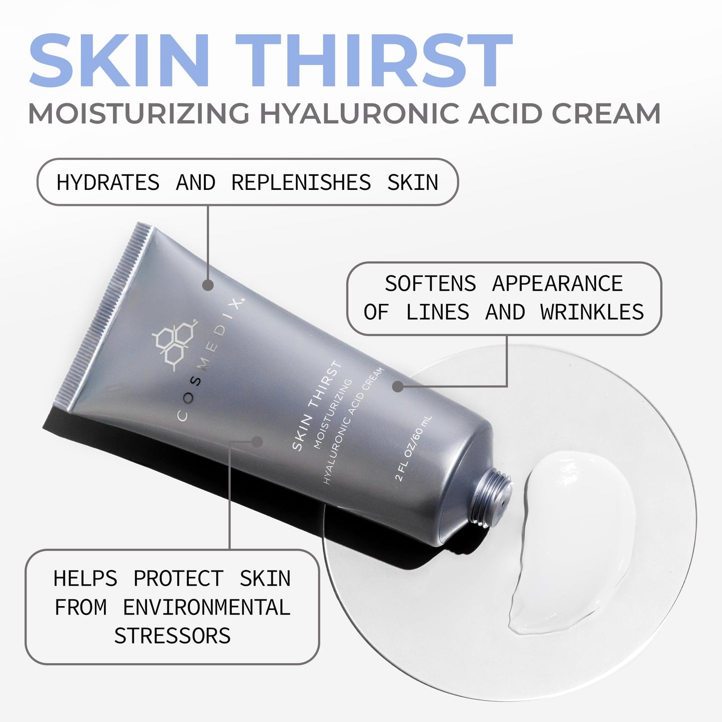 COSMEDIX Skin Thirst Hyaluronic Acid Moisturizer Face Cream - Hydrating Face Lotion & Make Up Primer for Pores, Wrinkles & Fine Lines - Daily Facial Beauty & Personal Care COSMEDIX