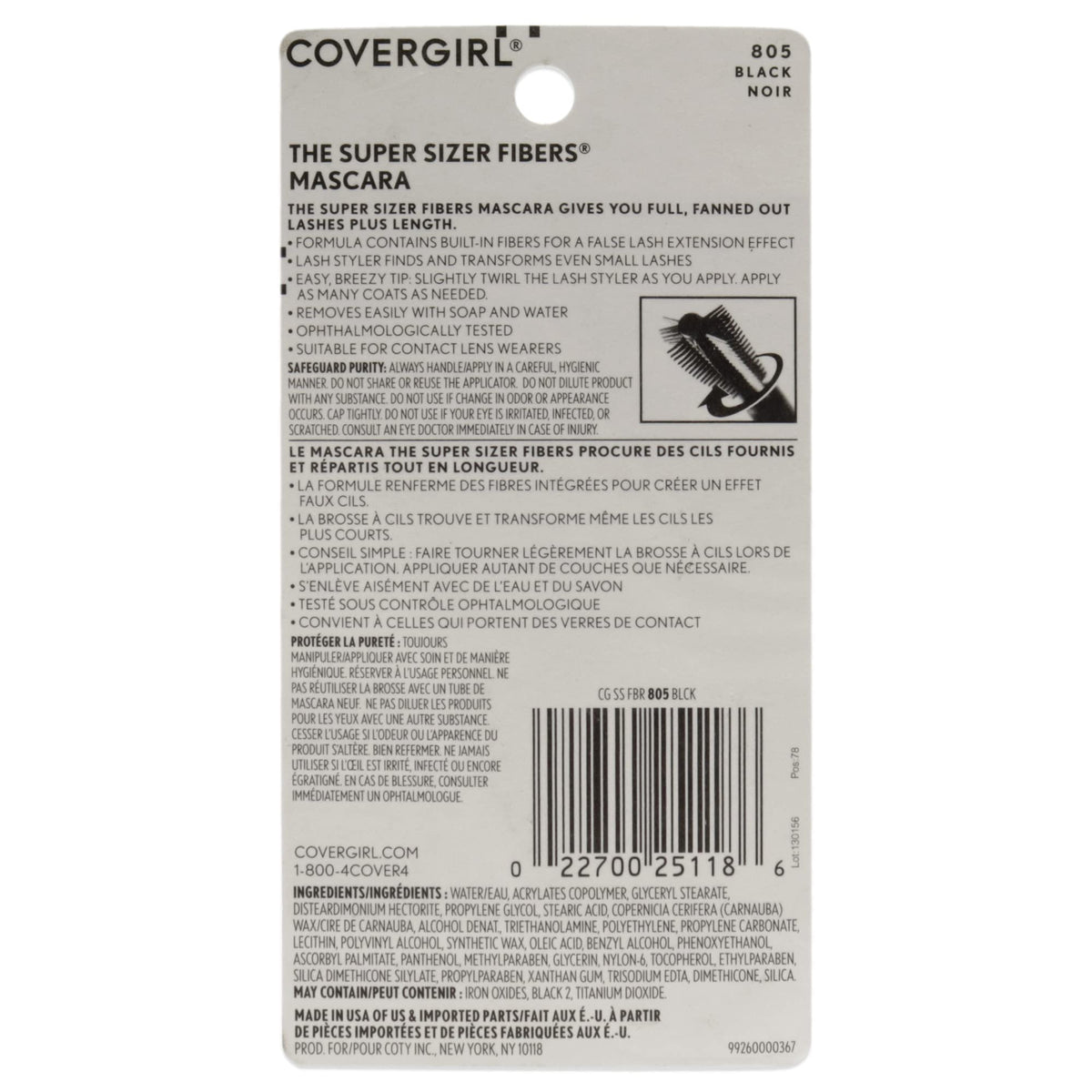 COVERGIRL Super Sizer Fibers Mascara, Black 805, 0.35 Ounce (Packaging May Vary) Volumizing Mascara with Brush Beauty & Personal Care COVERGIRL