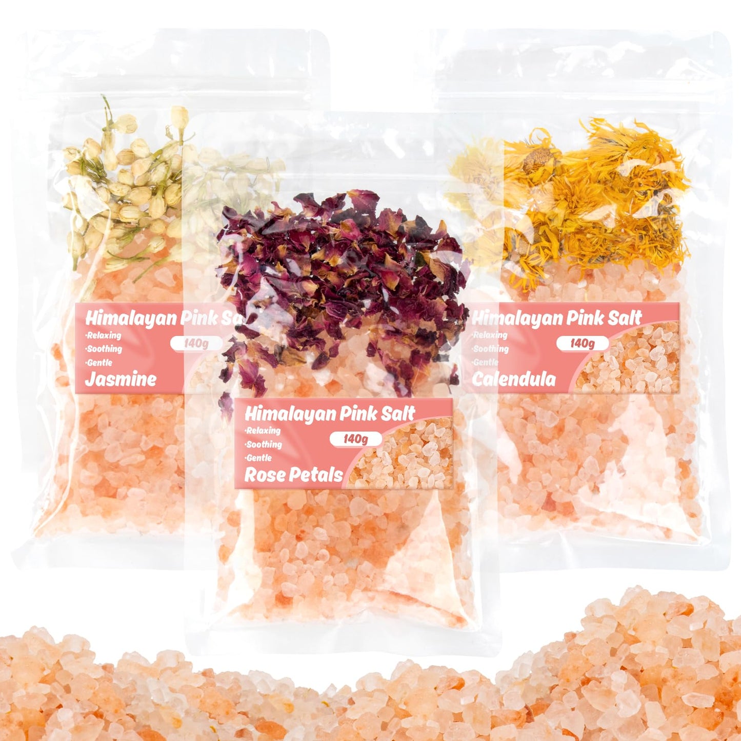 3 Pack Pink Bath Salts - Foot Soaking Salts Himalayan Pink Salt with Rose Petals Marigold and Jasmine Buds Himalayan Salt for Men and Women Nourishing Beauty and Personal Care MAQIHAN