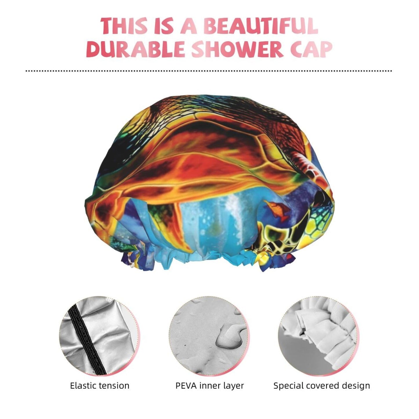 Colorful Sea Turtle Shower Cap for Women Men Large Reusable Shower Bonnet Double-Layer Waterproof Bath Caps Elastic Band Hair Hat for All Hairstyles Beauty and Personal Care BWLHJKE