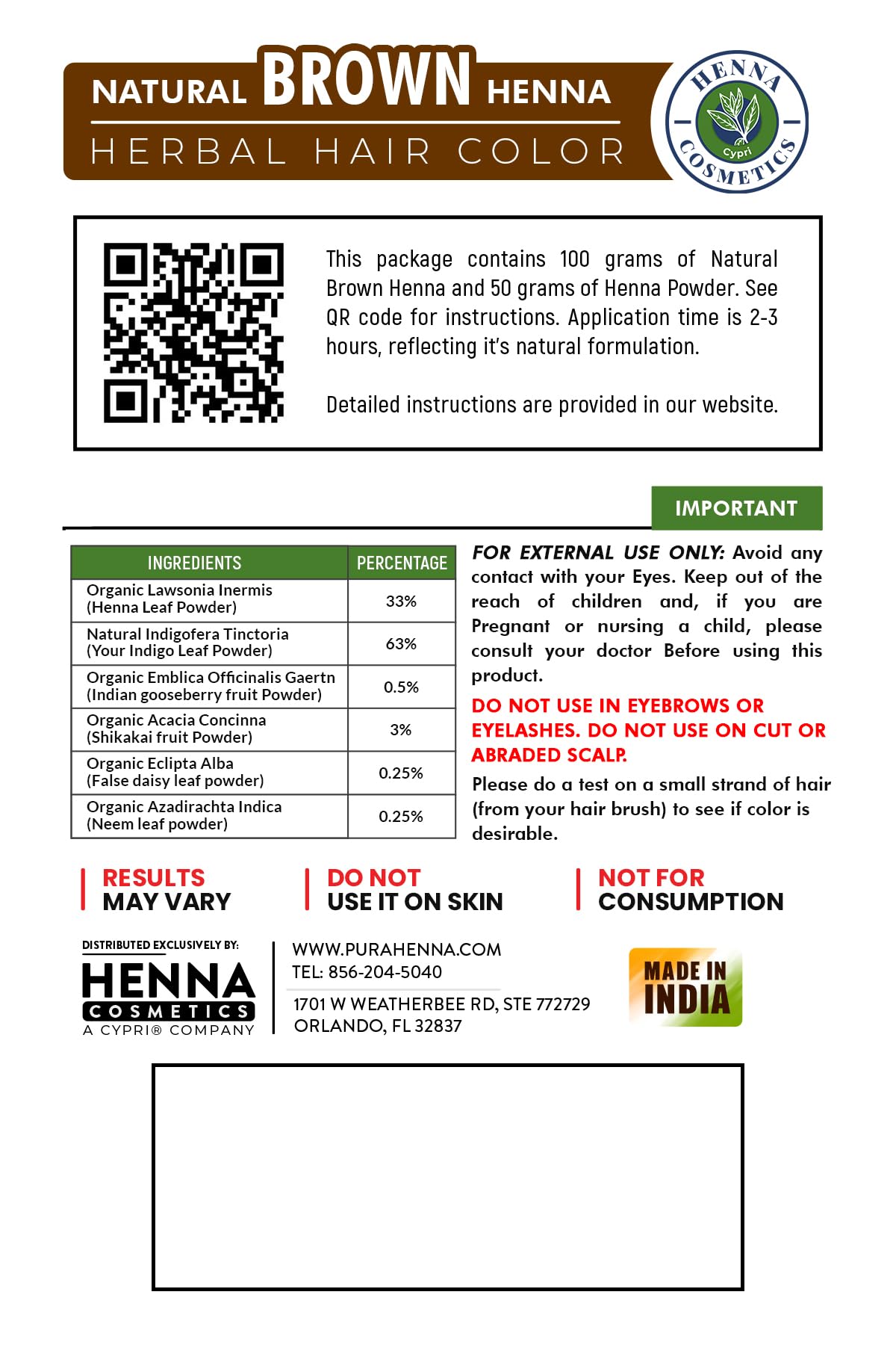 Henna Cosmetics Cypri Natural Henna Hair Color Dye, 100% Pure Henna Powder for Hair Growth Organic (Brown, 100 Gr + Free 50 Gr.) Beauty & Personal Care HENNA COSMETICS CYPRI