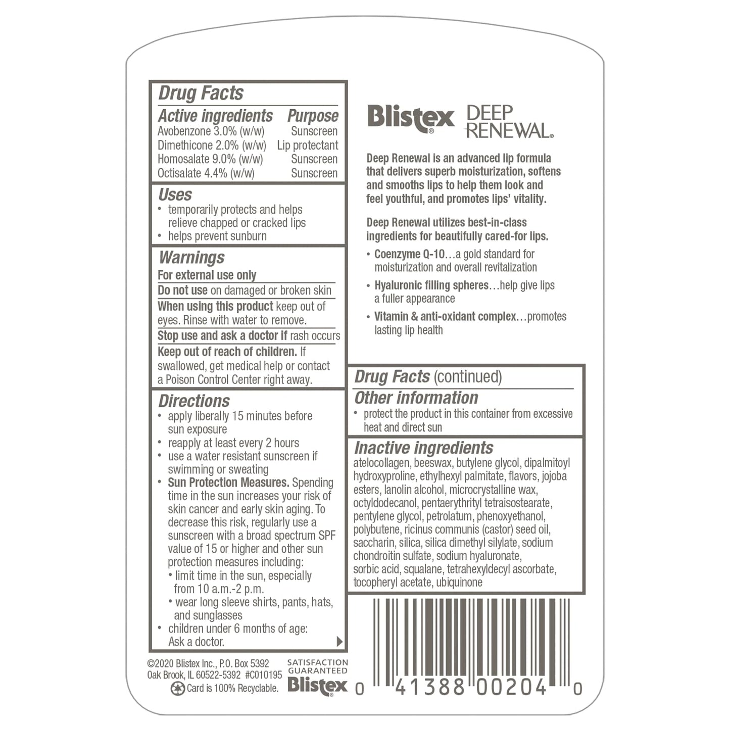 Blistex Deep Renewal Lip Protectant Sunscreen Balm, 0.13 Ounces (3.69g) (Value Pack of 4) Beauty and Personal Care Blistex