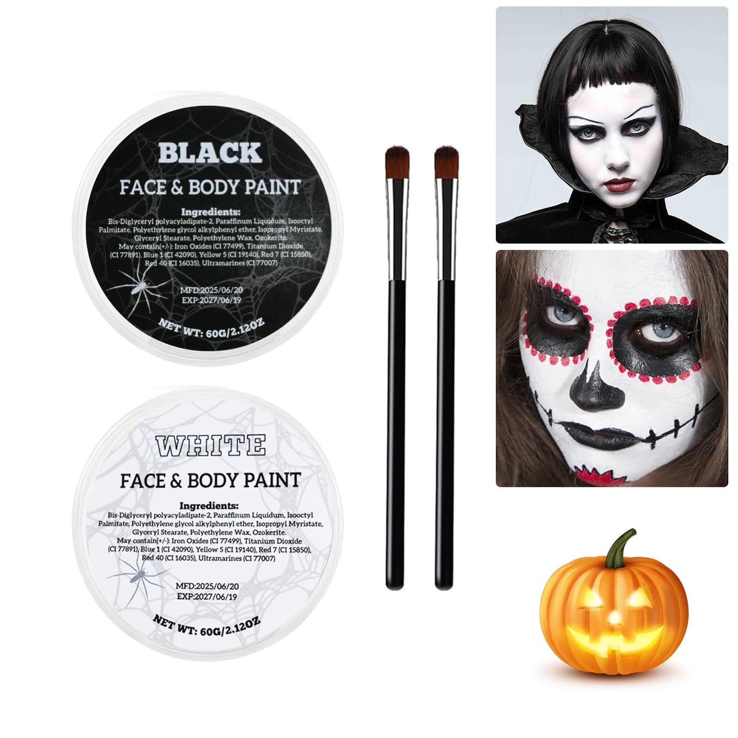 Js2U ZW White Black Oil Face Body Paint Set, Halloween Skeleton Makeup Kit with 2 Brushes, Professional Black and White Face Painting Kit Beauty & Personal Care Js2U ZW