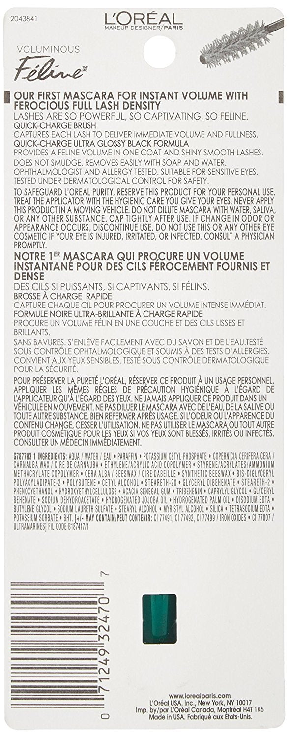 L'Oreal Paris Cosmetics Voluminous Feline Washable Mascara, Blackest Black, 1 Tube Beauty & Personal Care L'Oreal Paris