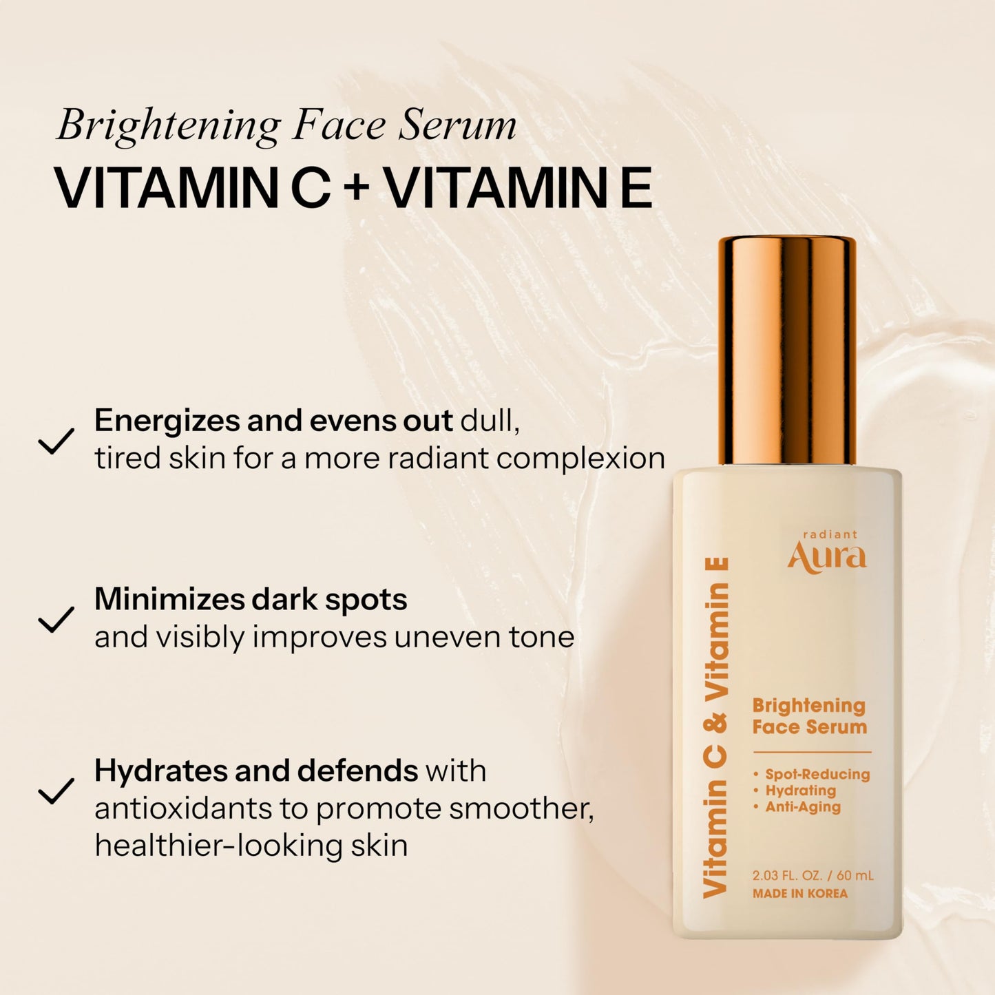 Radiant Aura Vitamin E & C Serum For Face - Dermatologist Tested, Anti Aging, Korean Skin Care - Revives Tired Skin, Smooths Fine Lines, Lightweight Beauty & Personal Care Radiant Aura