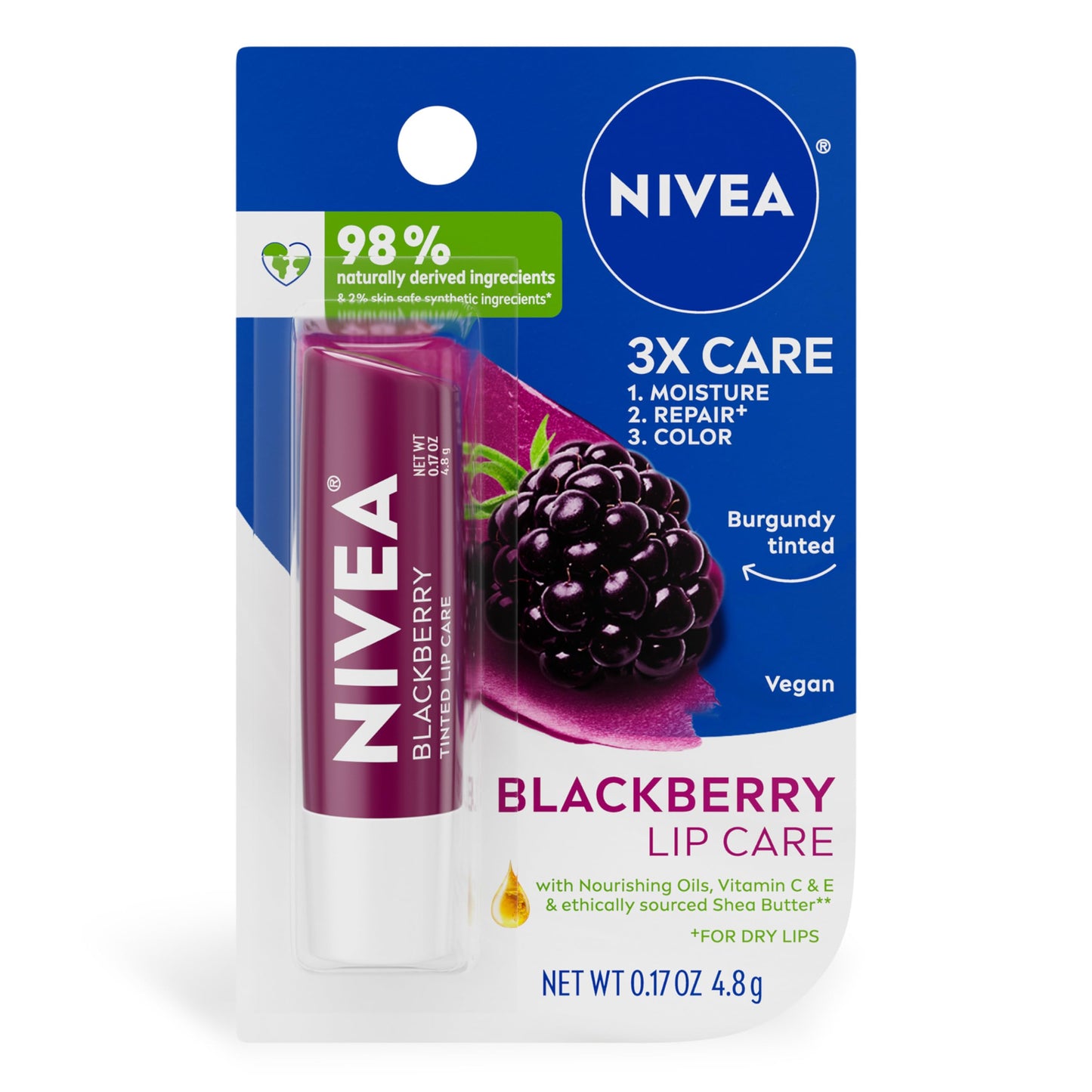 NIVEA Blackberry Lip Care, Tinted Lip Balm with Shea Butter, Nourishing Oils and Vitamin C & E, 3-in-1 Moisture, Repair (for Dry Lips) and Color, 0.17 Beauty & Personal Care NIVEA