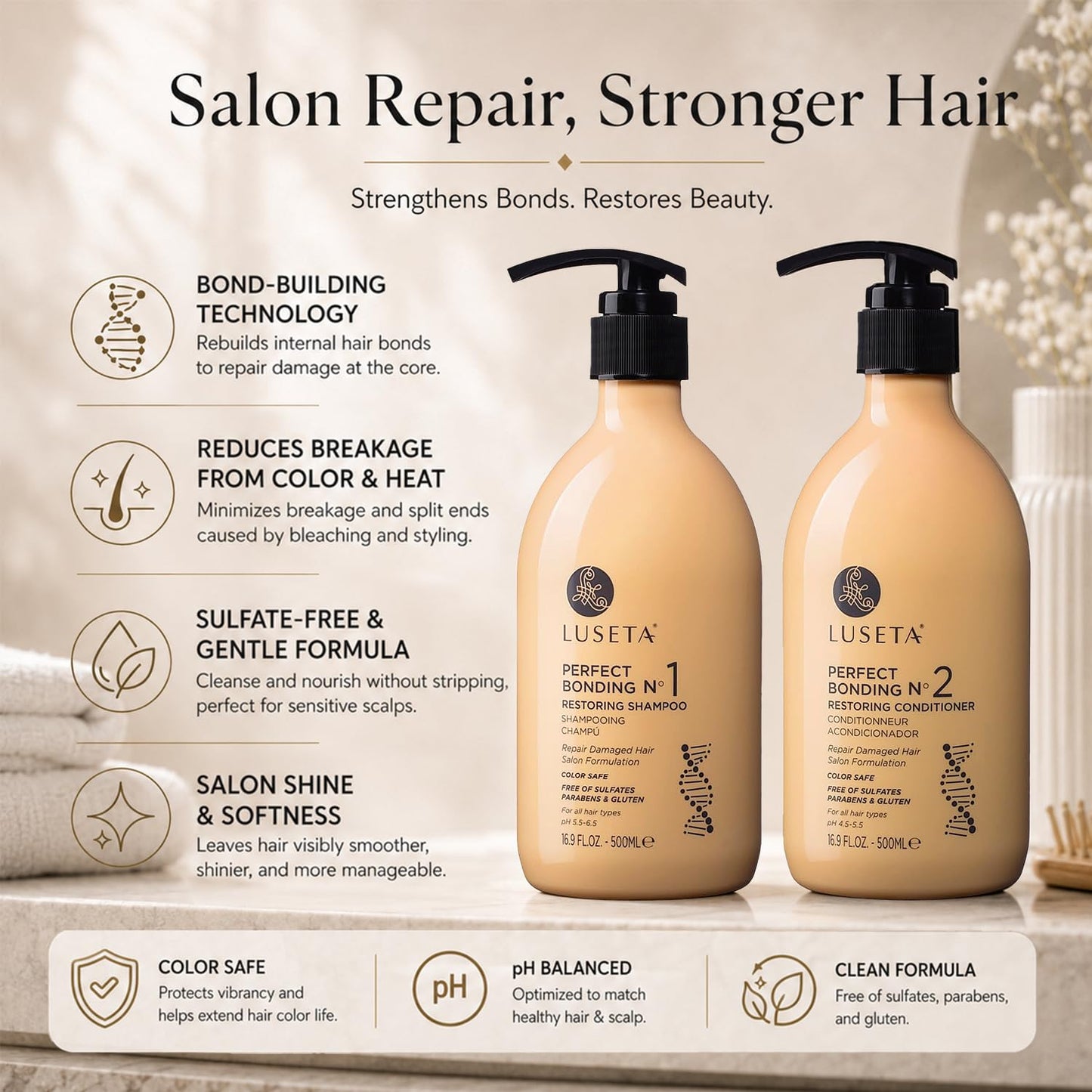 LUSETA Bond Repair & Revitalizing Shampoo and Conditioner Set for Chemically Damaged Hair. Deep Moisture to Smooth Frizz & Add Shine. Strengthens Hair Beauty & Personal Care L LUSETA