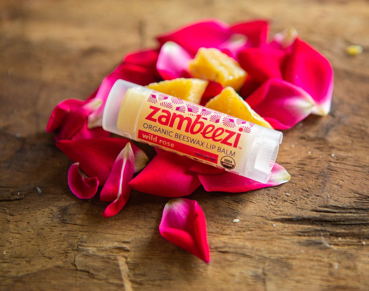 ZAMBEEZI Organic, Fair Trade Beeswax Lip Balm - Wild Rose 3 Pack - Ethically Sourced Beauty and Personal Care Zambeezi