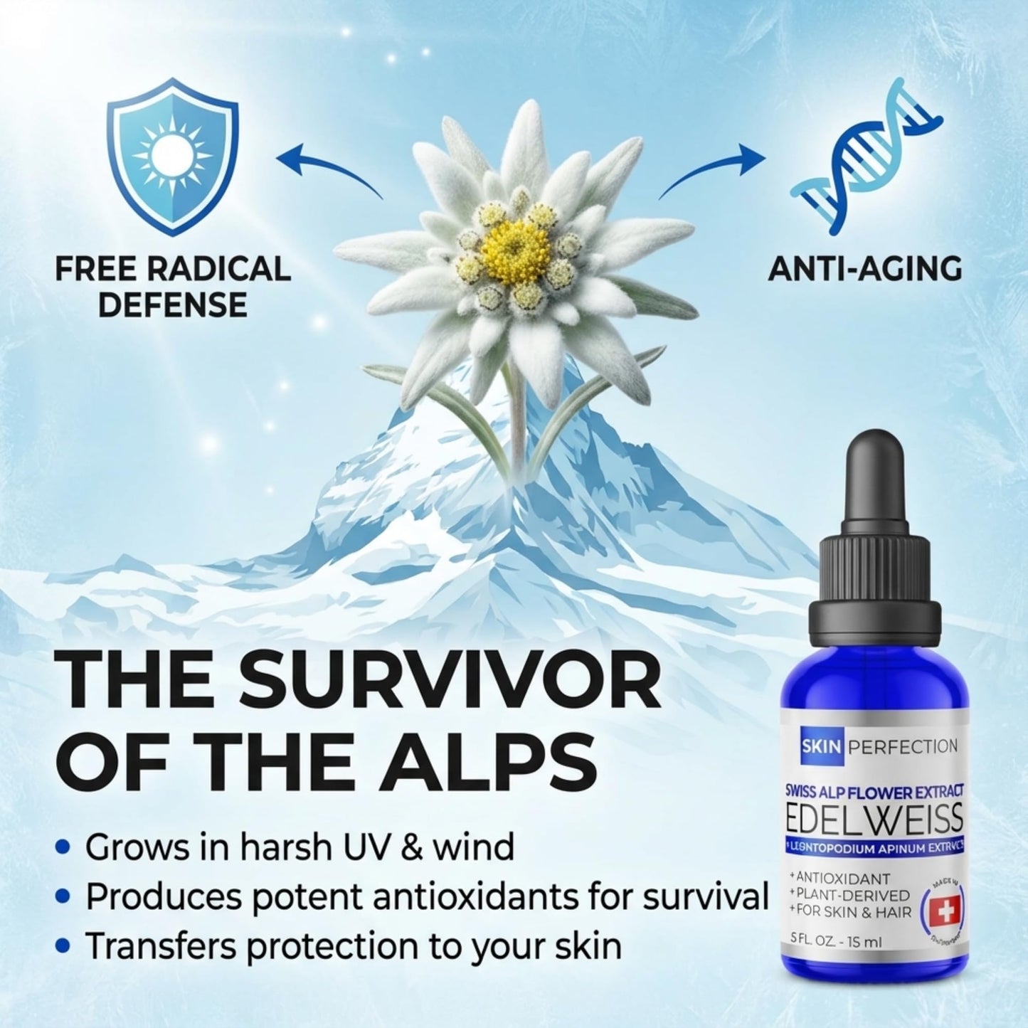 Skin Perfection Edelweiss Natural Derived Plant Antioxidant Extract Potent Anti-Aging Vitamin C Hydration Younger-Looking Skin Easy Add Dropper Make Beauty & Personal Care Skin Perfection